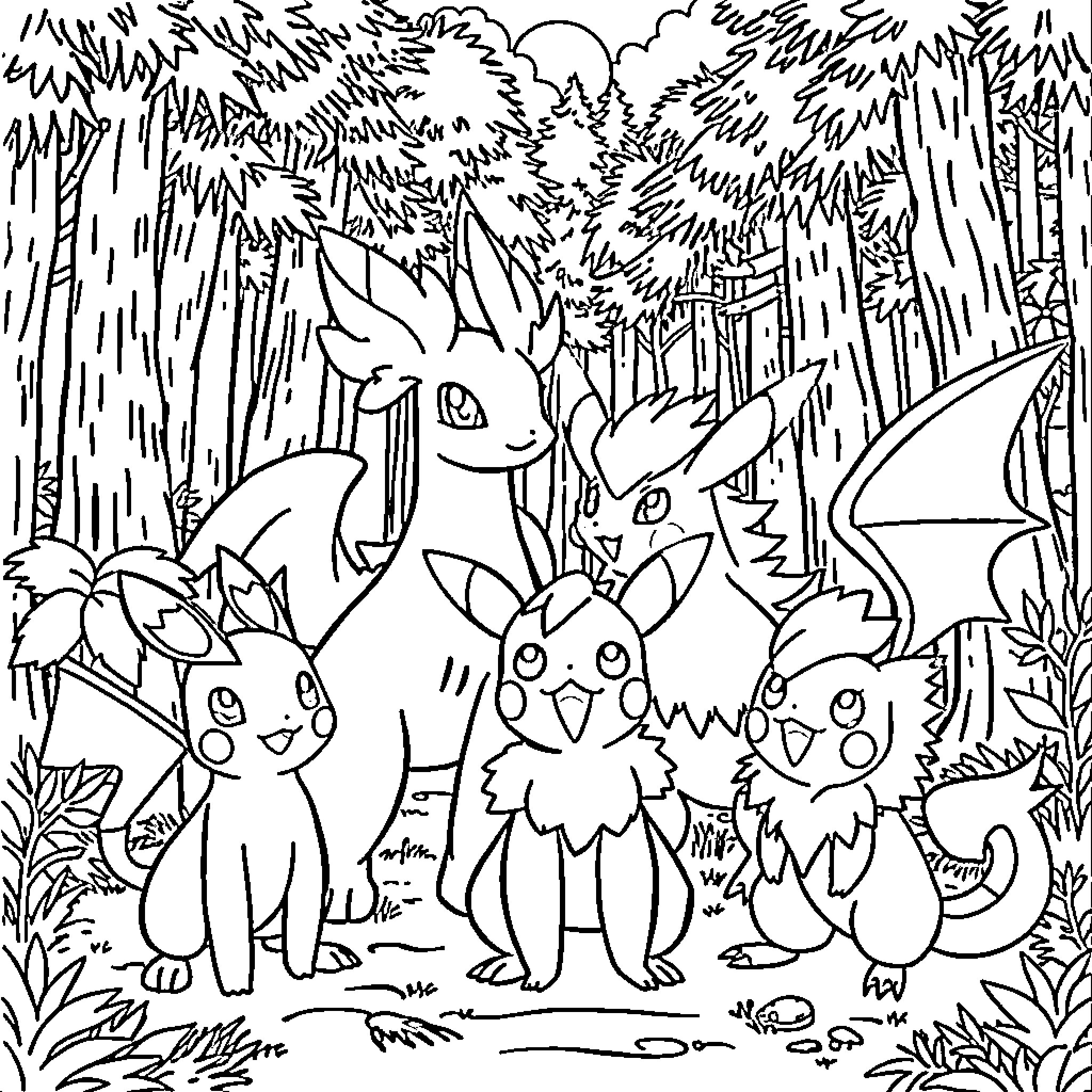 Pokémon enjoying the forest scenery Coloring Page (free black-and-white line drawing printable PDF for all, from beginners to advanced learners, including children, teens, adults, and seniors)
