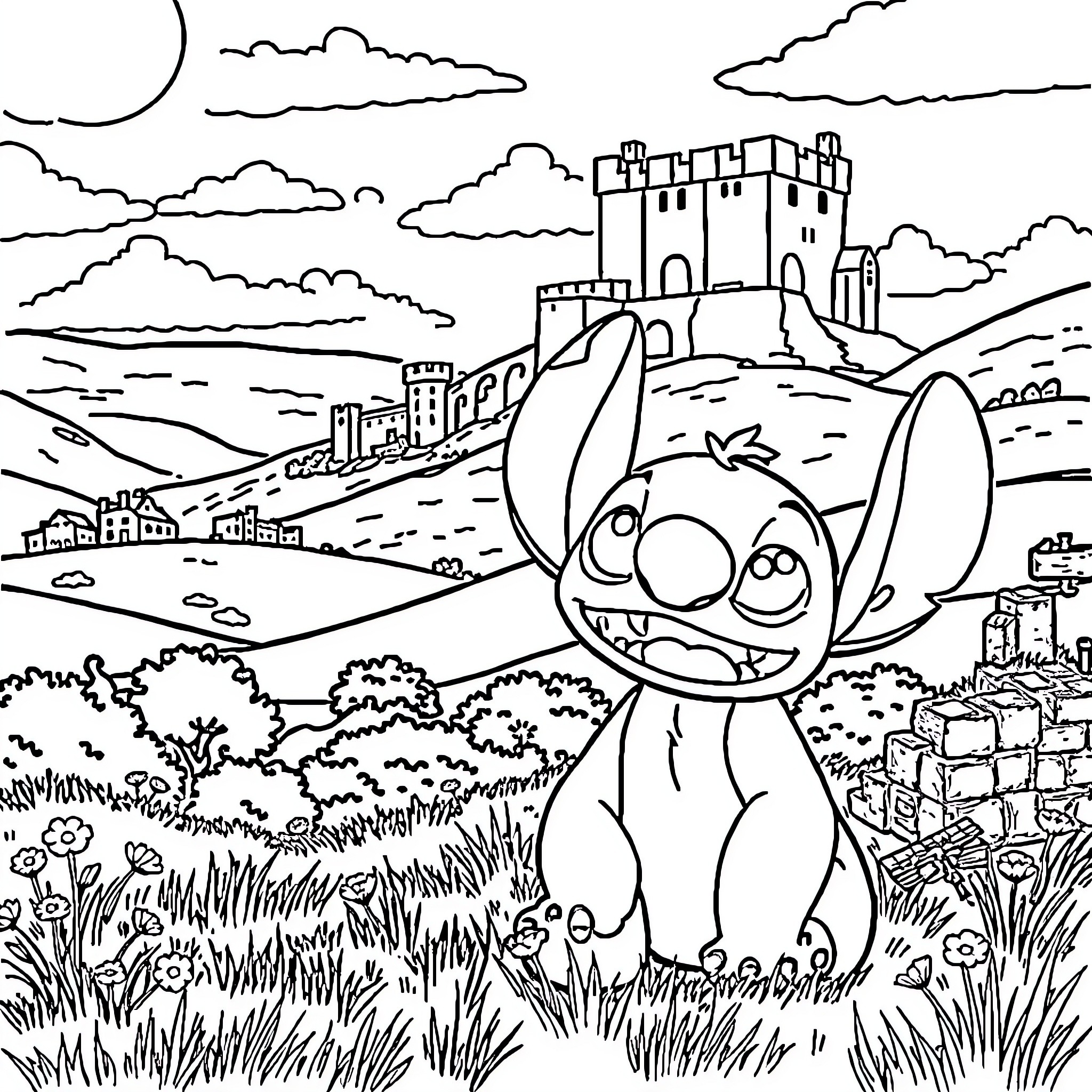 Lilo And Stitch exploring a whimsical castle landscape Coloring Page (free black-and-white line drawing printable PDF for all, from beginners to advanced learners, including children, teens, adults, and seniors)