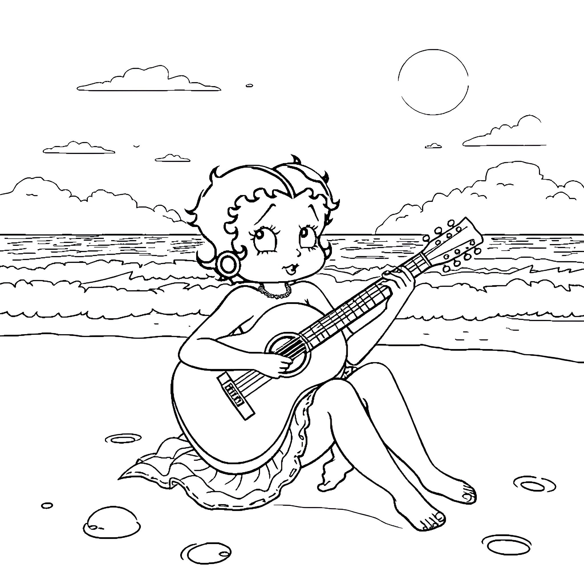 Betty Boop playing guitar on the beach Coloring Page (free black-and-white line drawing printable PDF for all, from beginners to advanced learners, including children, teens, adults, and seniors)