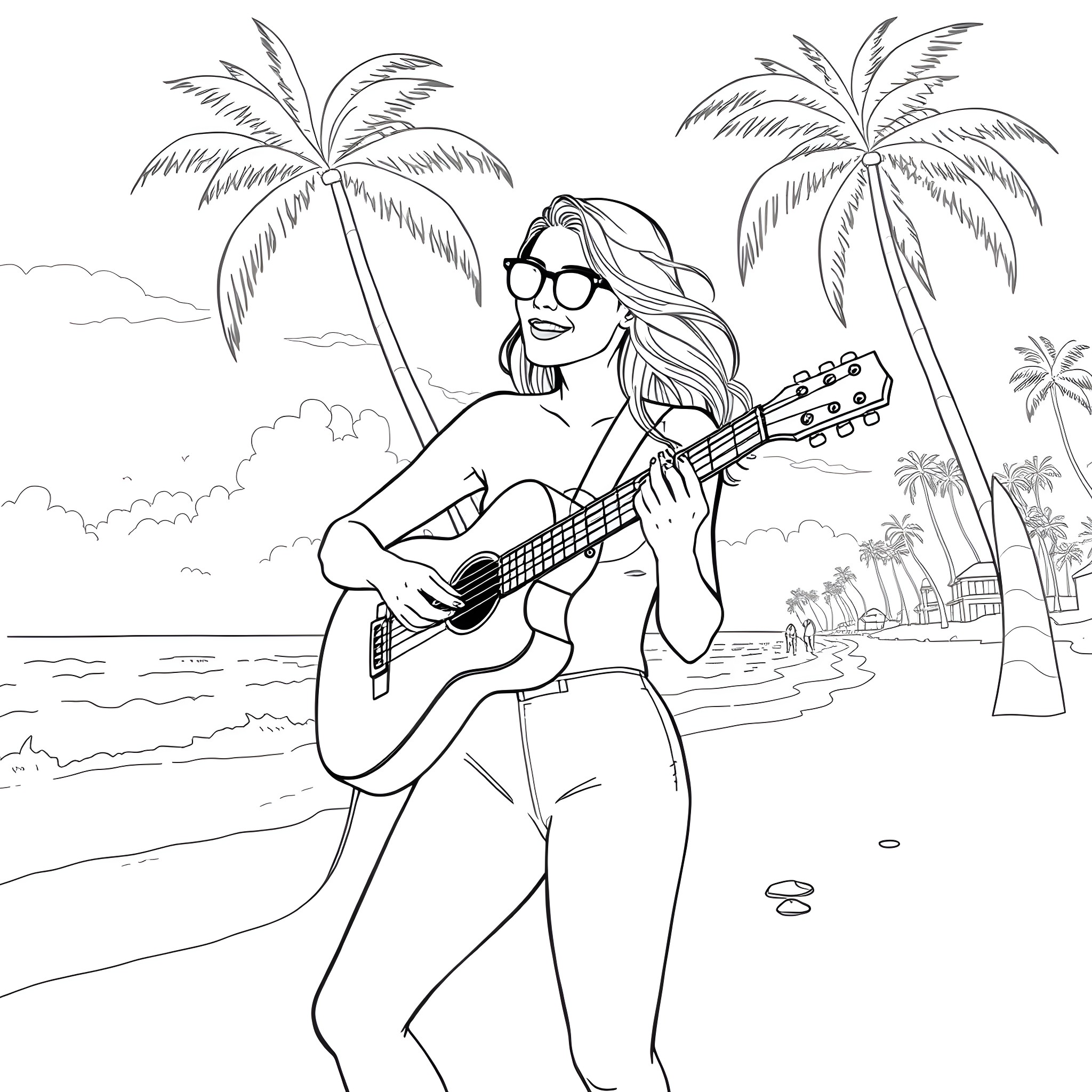 Olivia Rodrigo playing guitar on a tropical beach Coloring Page (free black-and-white line drawing printable PDF for all, from beginners to advanced learners, including children, teens, adults, and seniors)