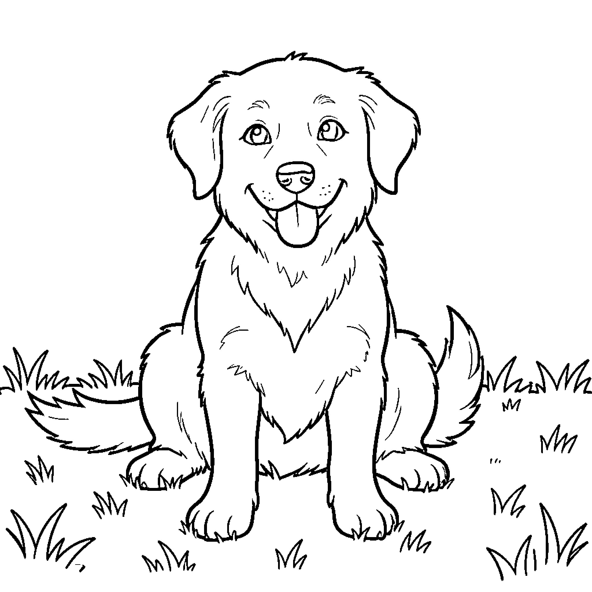 Dog sitting happily in the grass Coloring Page (free black-and-white line drawing printable PDF for all, from beginners to advanced learners, including children, teens, adults, and seniors)