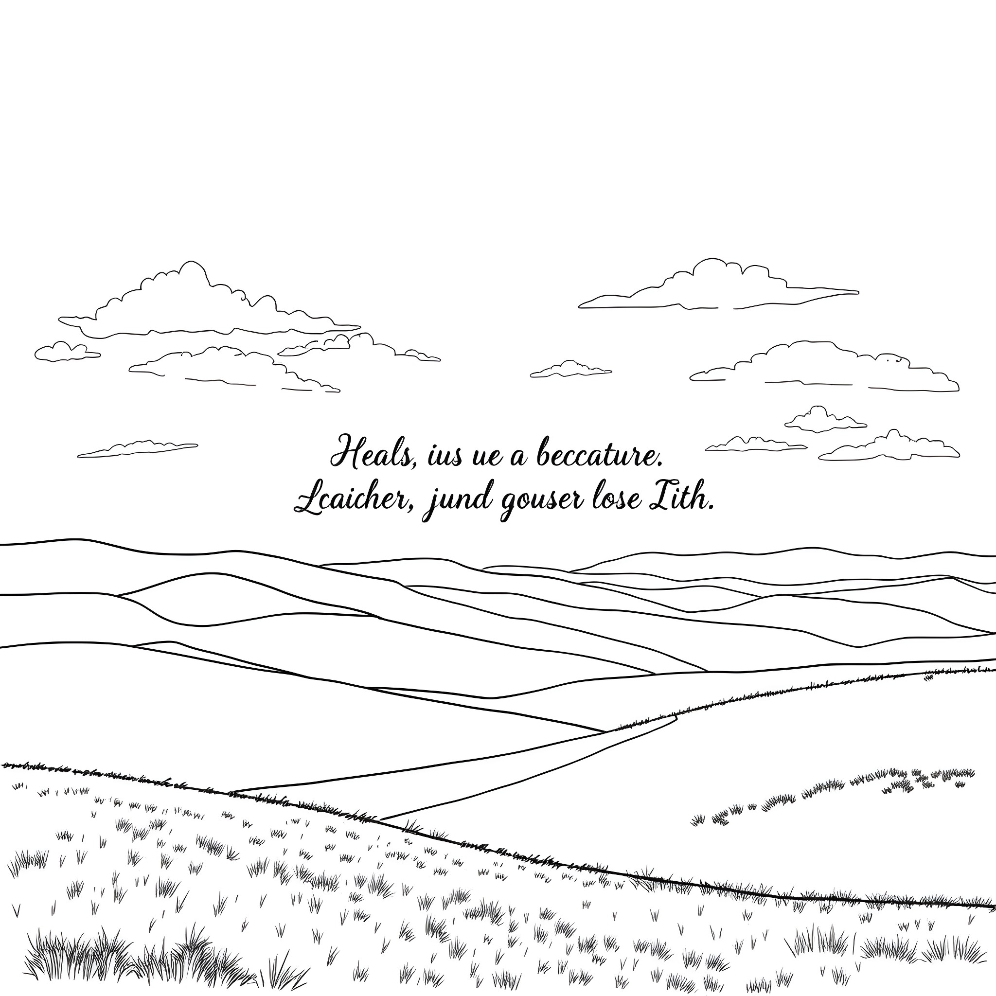 Hill with clouds and grassy landscape Coloring Page (free black-and-white line drawing printable PDF for all, from beginners to advanced learners, including children, teens, adults, and seniors)