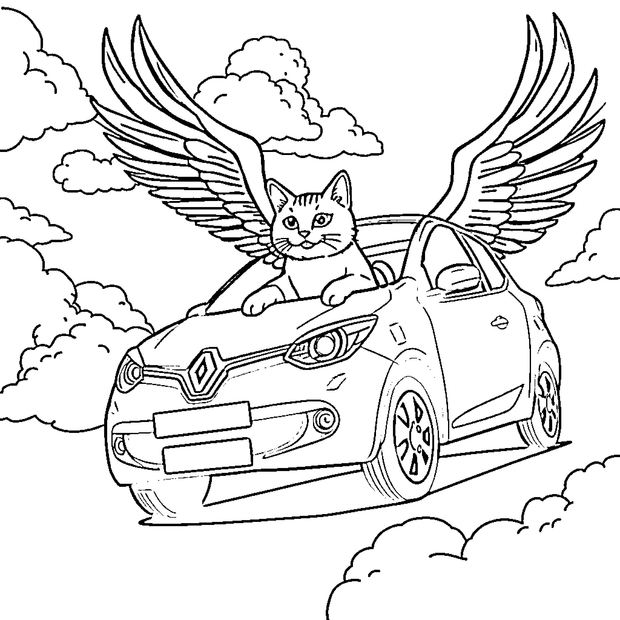Flying Cat Soaring in Winged Car Through Clouds Coloring Page (free black-and-white line drawing printable PDF for all, from beginners to advanced learners, including children, teens, adults, and seniors)