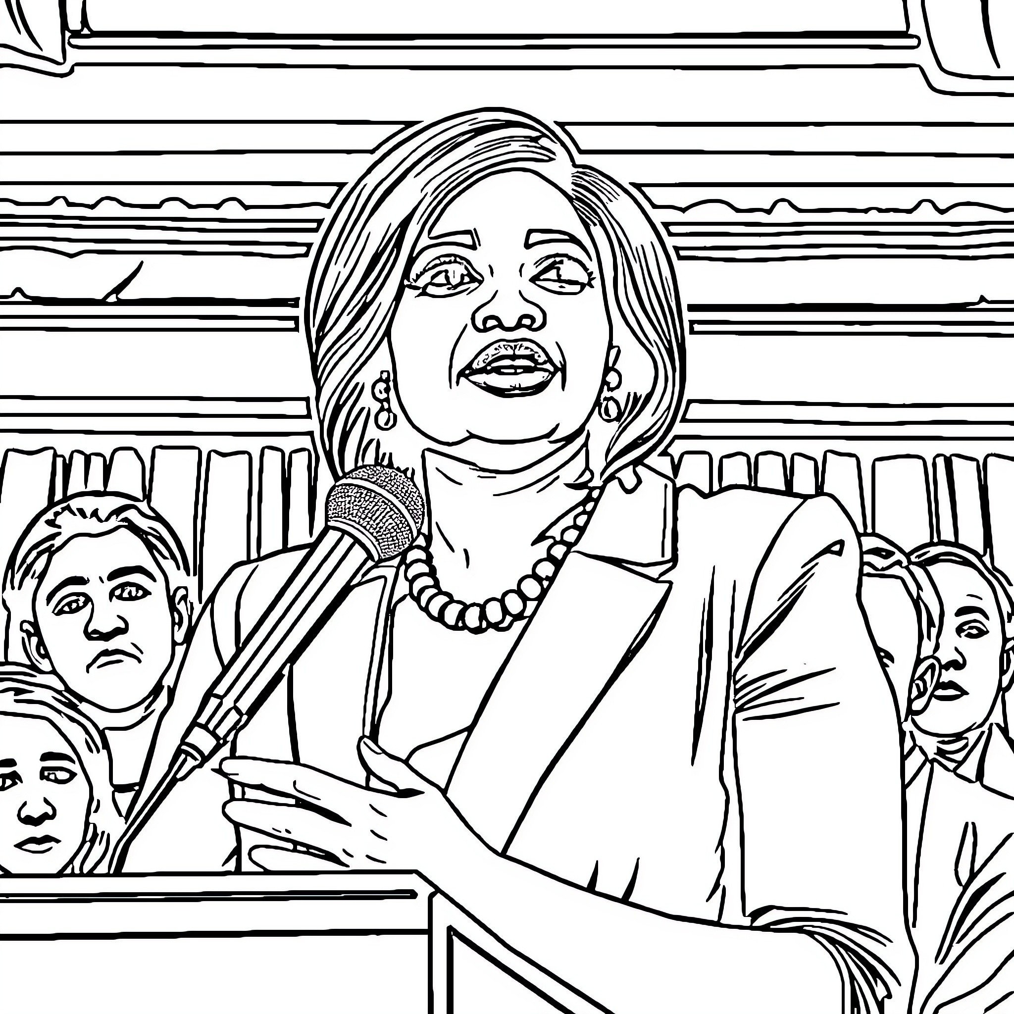 Candace Owens Speaking Passionately at a Podium Coloring Page (free black-and-white line drawing printable PDF for all, from beginners to advanced learners, including children, teens, adults, and seniors)