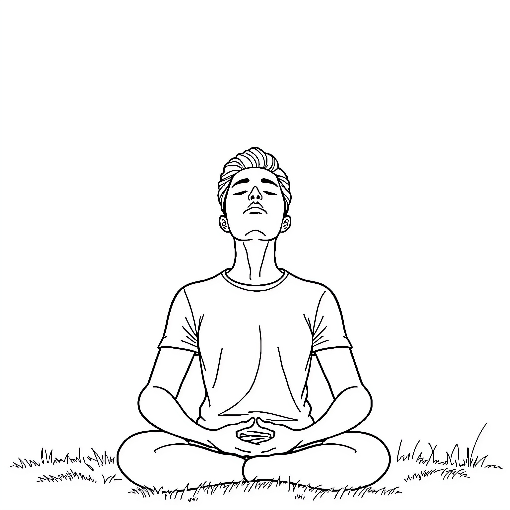 Mindfulness - Person meditating in nature Coloring Page (free black-and-white line drawing printable PDF for all, from beginners to advanced learners, including children, teens, adults, and seniors)