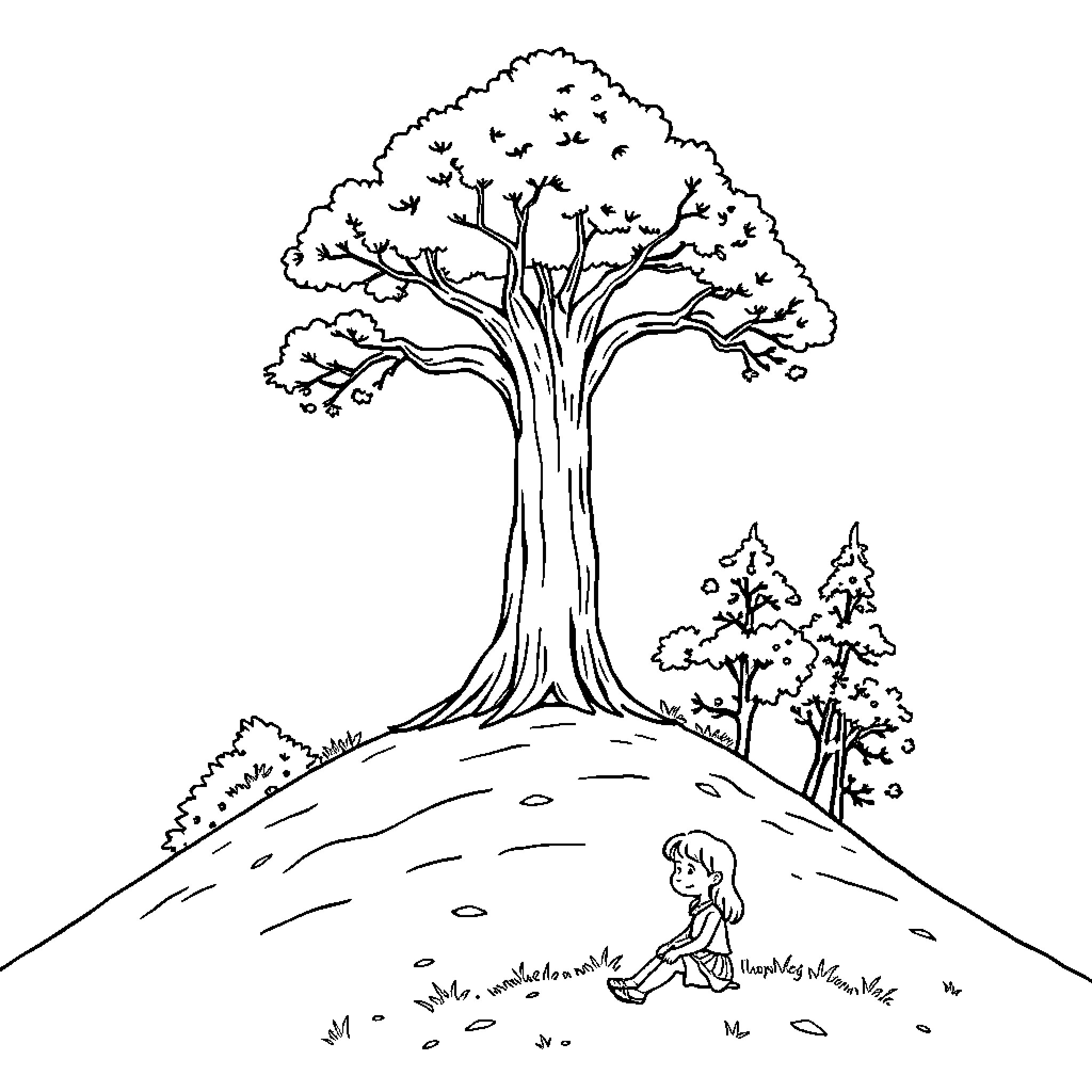 Tree with girl sitting on hill Coloring Page (free black-and-white line drawing printable PDF for all, from beginners to advanced learners, including children, teens, adults, and seniors)
