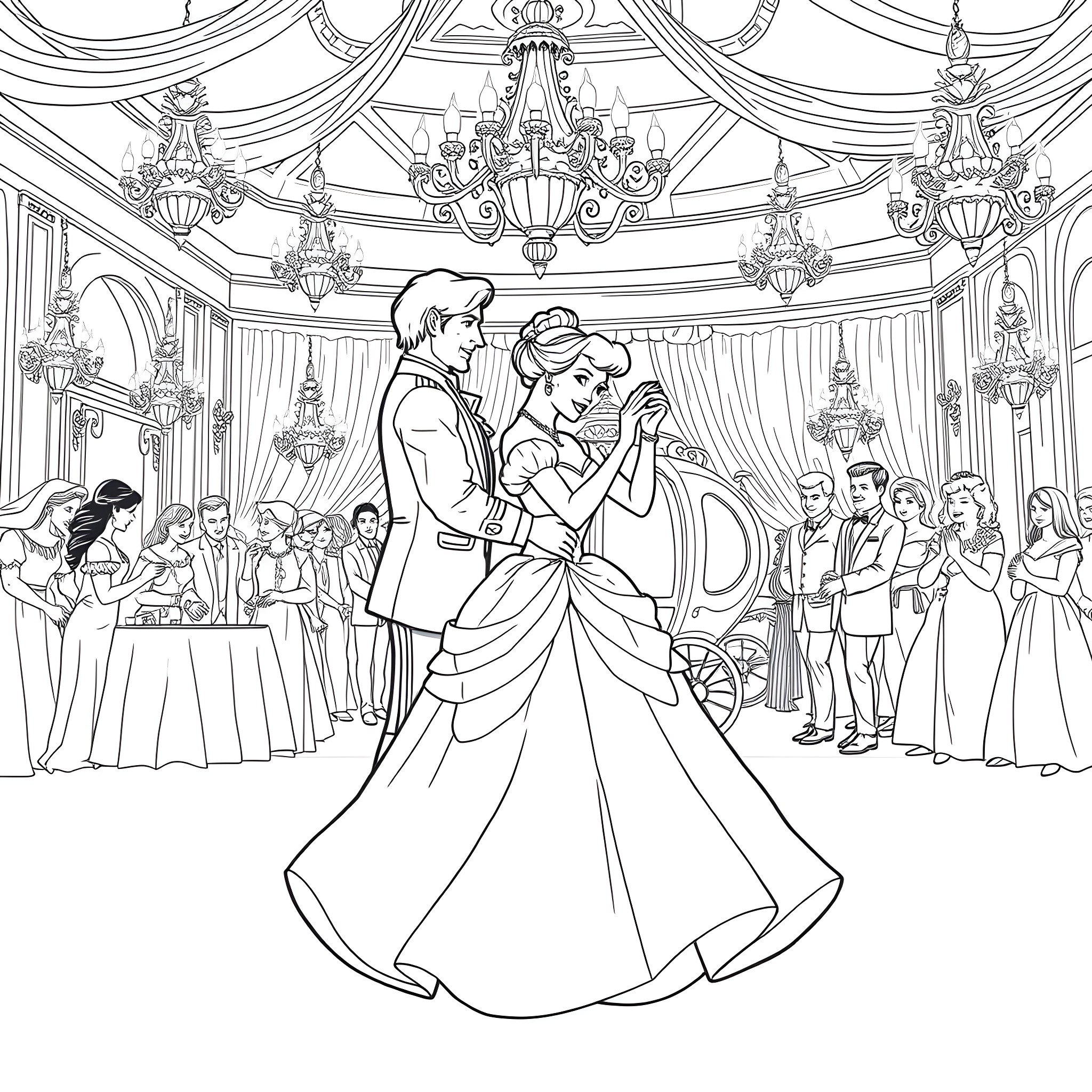 Cinderella's Enchanting Ball Scene Coloring Page (free black-and-white line drawing printable PDF for all, from beginners to advanced learners, including children, teens, adults, and seniors)