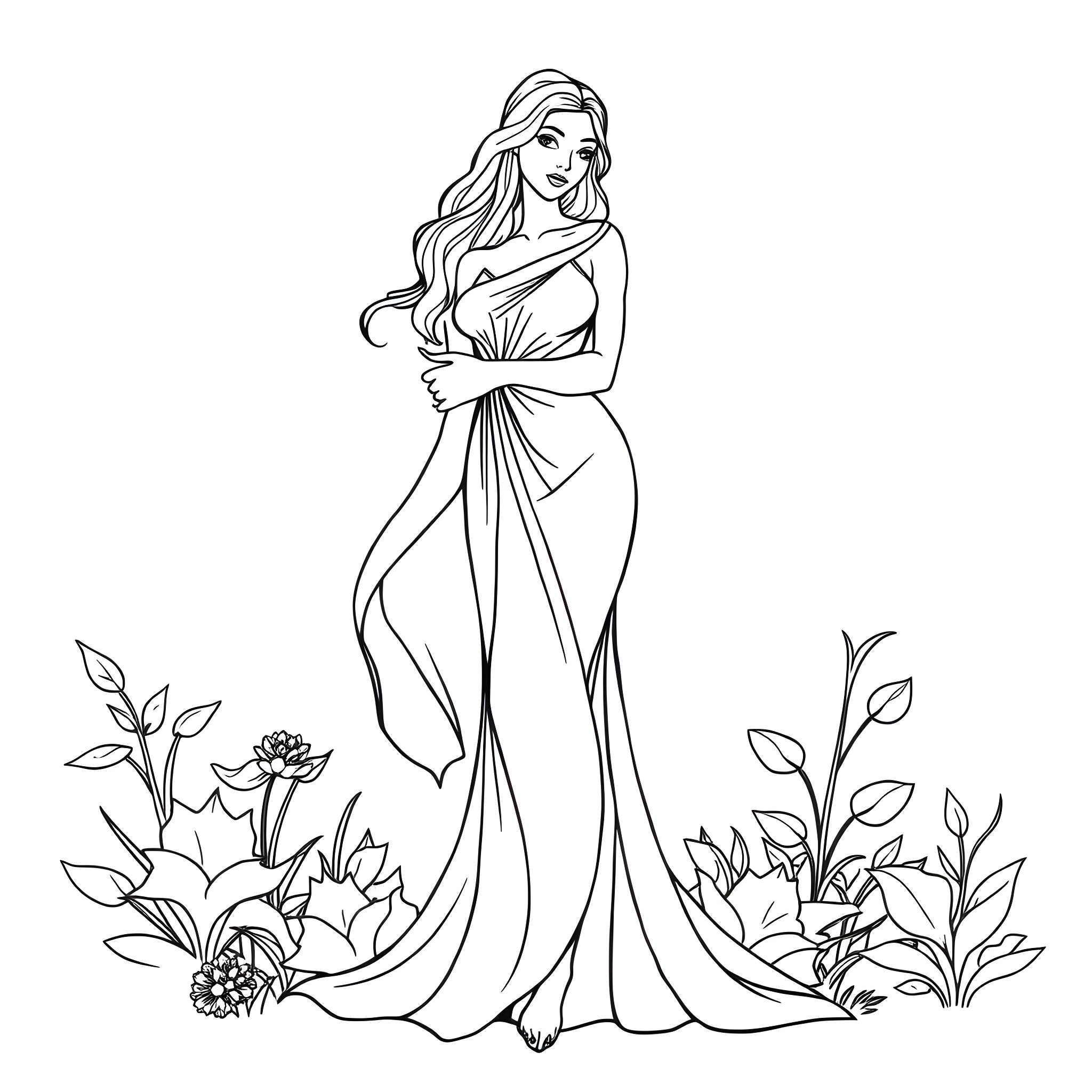 Woman in elegant gown surrounded by flowers Coloring Page (free black-and-white line drawing printable PDF for all, from beginners to advanced learners, including children, teens, adults, and seniors)