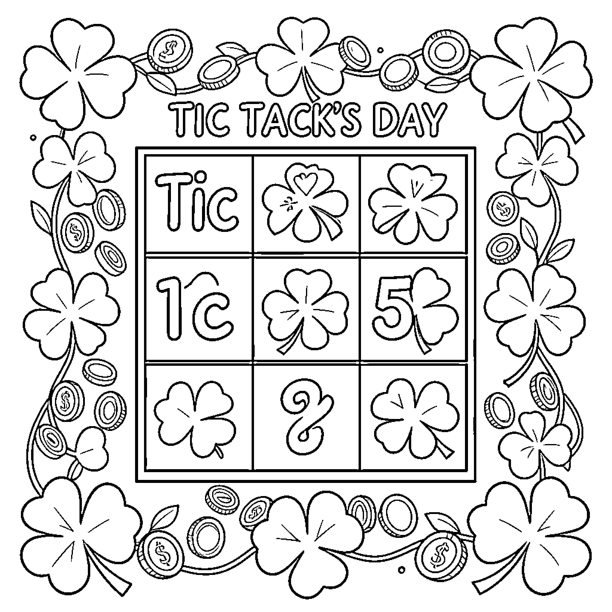 Tic Tac's Day: Playful Shamrocks and Playful Patterns Coloring Page (free black-and-white line drawing printable PDF for all, from beginners to advanced learners, including children, teens, adults, and seniors)