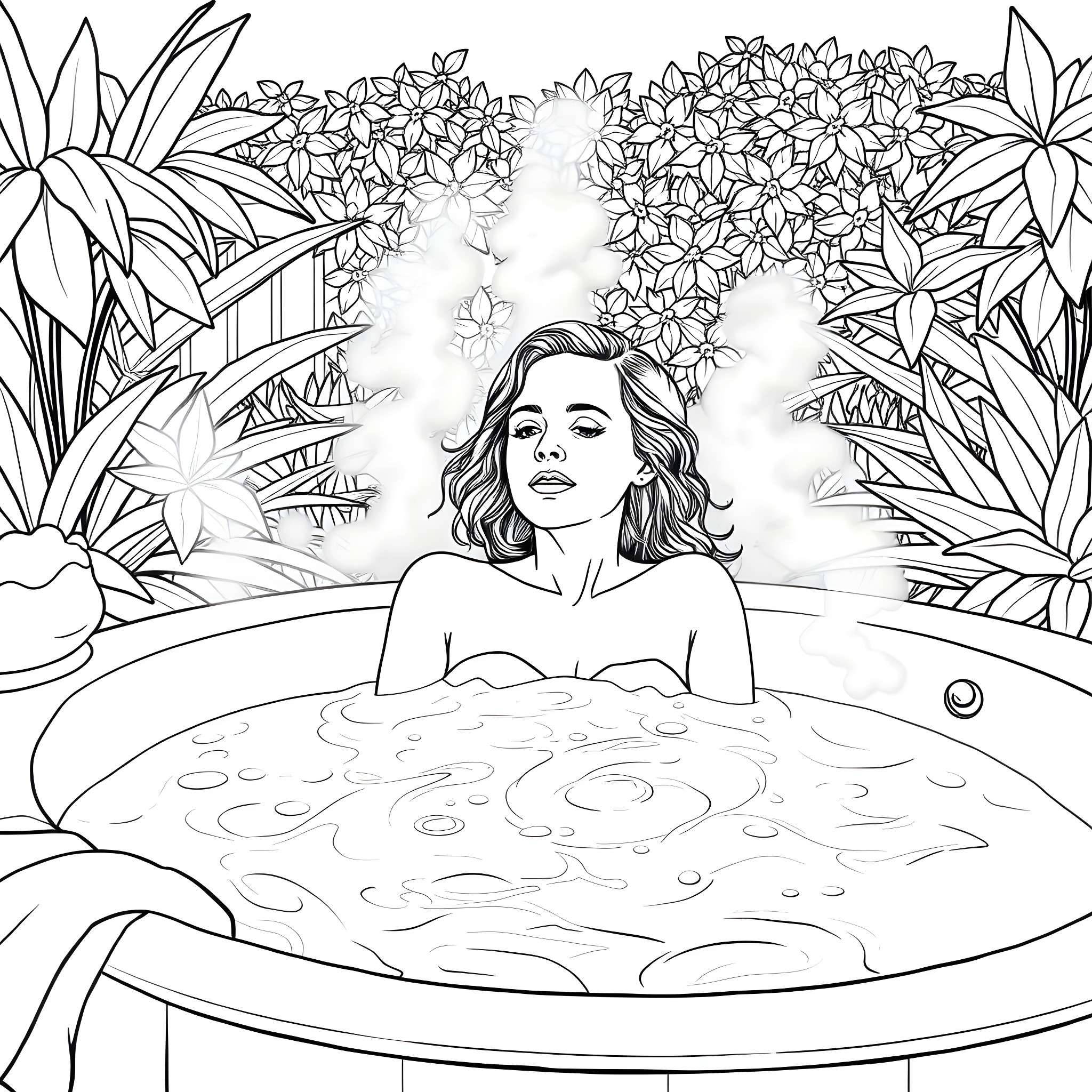 Emma Watson relaxing in a tropical garden bathtub Coloring Page (free black-and-white line drawing printable PDF for all, from beginners to advanced learners, including children, teens, adults, and seniors)