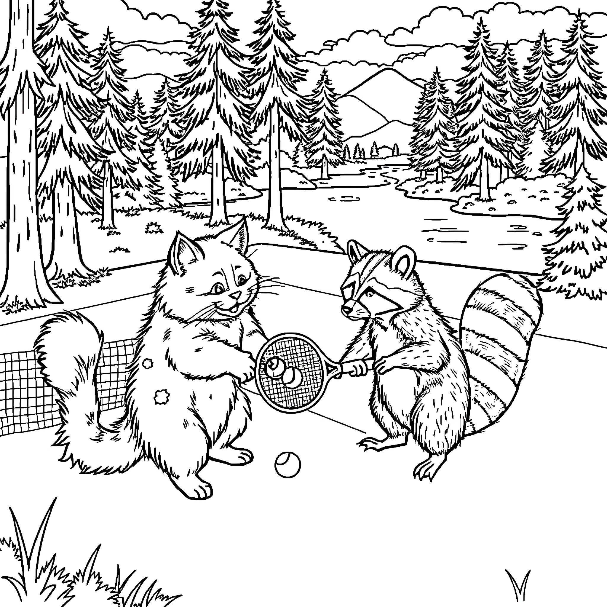 Cats Playing in the Forest Coloring Page (free black-and-white line drawing printable PDF for all, from beginners to advanced learners, including children, teens, adults, and seniors)