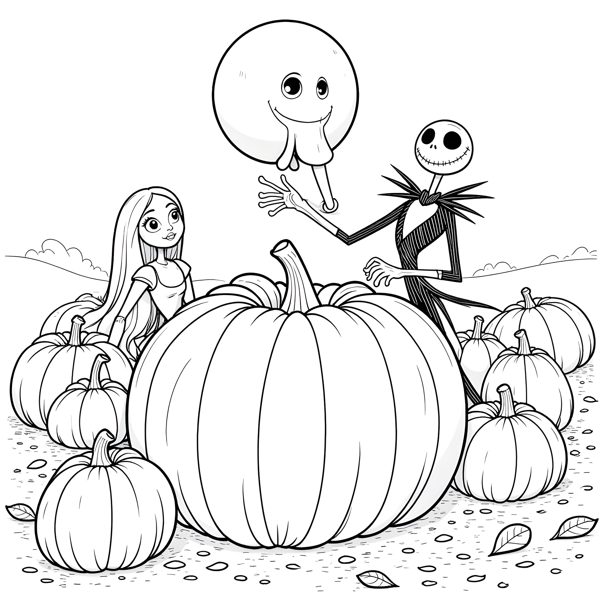 Nightmare Before Christmas Characters in Pumpkin Patch Coloring Page (free black-and-white line drawing printable PDF for all, from beginners to advanced learners, including children, teens, adults, and seniors)
