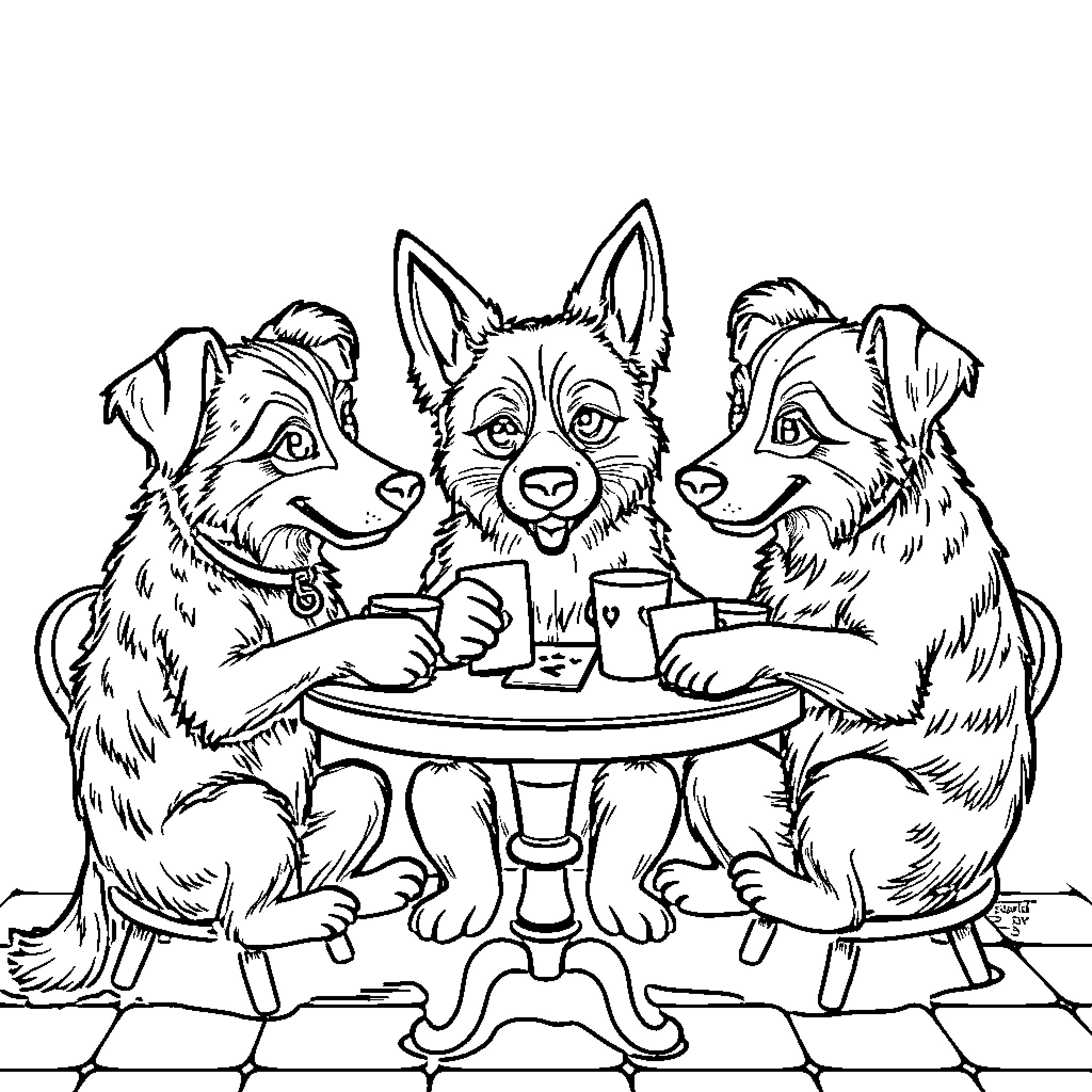 Dog friends enjoying a warm drink together Coloring Page (free black-and-white line drawing printable PDF for all, from beginners to advanced learners, including children, teens, adults, and seniors)