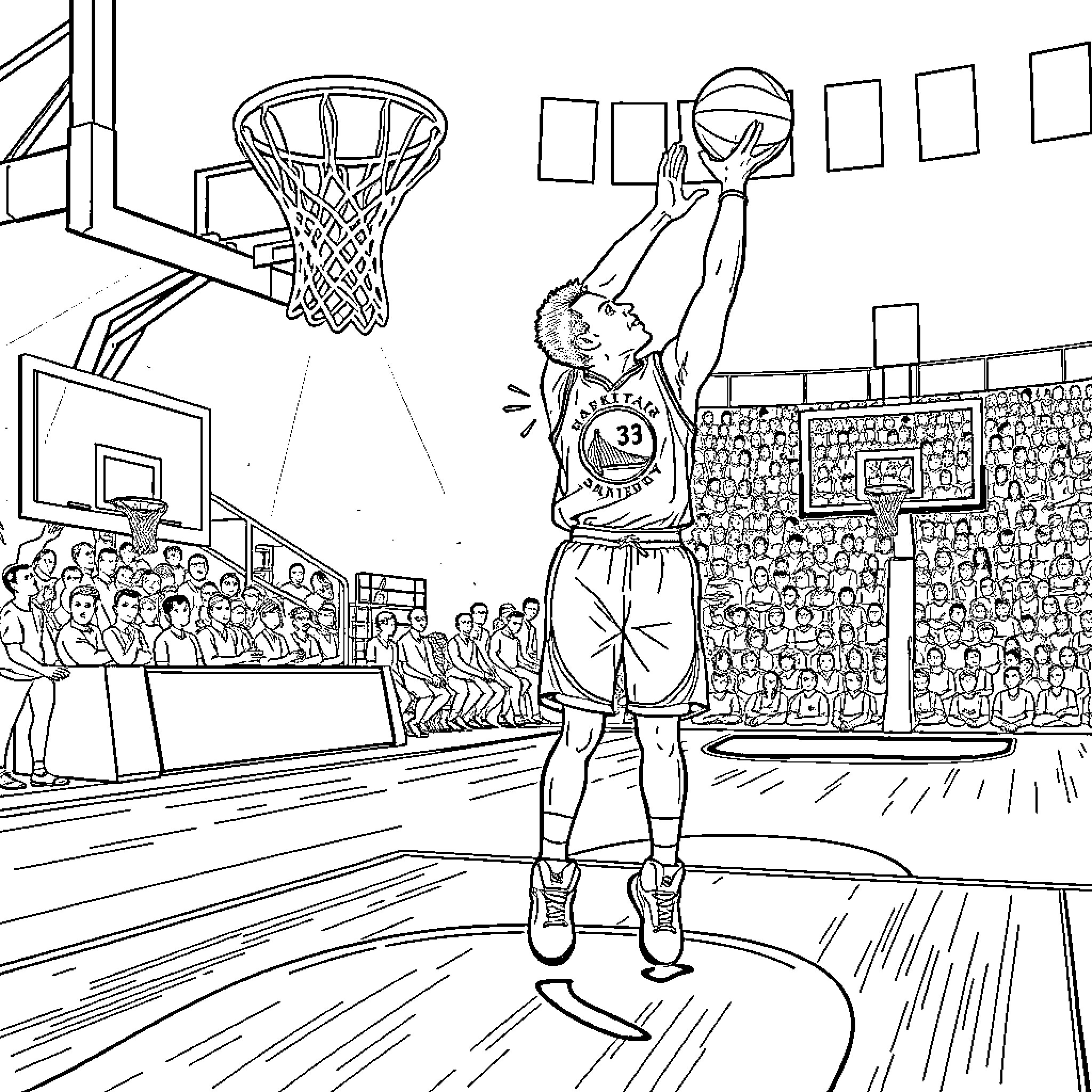 Steph Curry's Basketball Slam Dunk in Arena Coloring Page (free black-and-white line drawing printable PDF for all, from beginners to advanced learners, including children, teens, adults, and seniors)