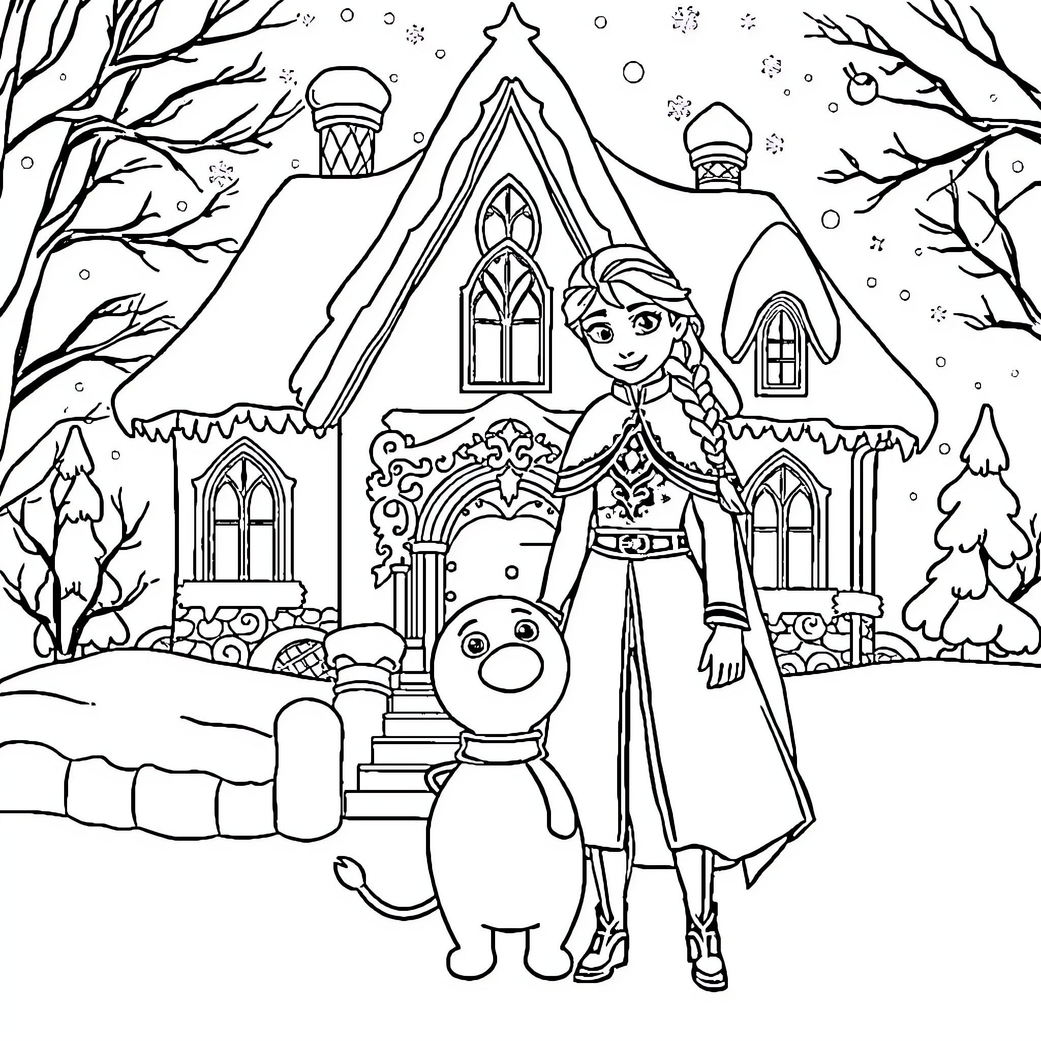 Anna's Winter Adventure with Olaf Coloring Page (free black-and-white line drawing printable PDF for all, from beginners to advanced learners, including children, teens, adults, and seniors)