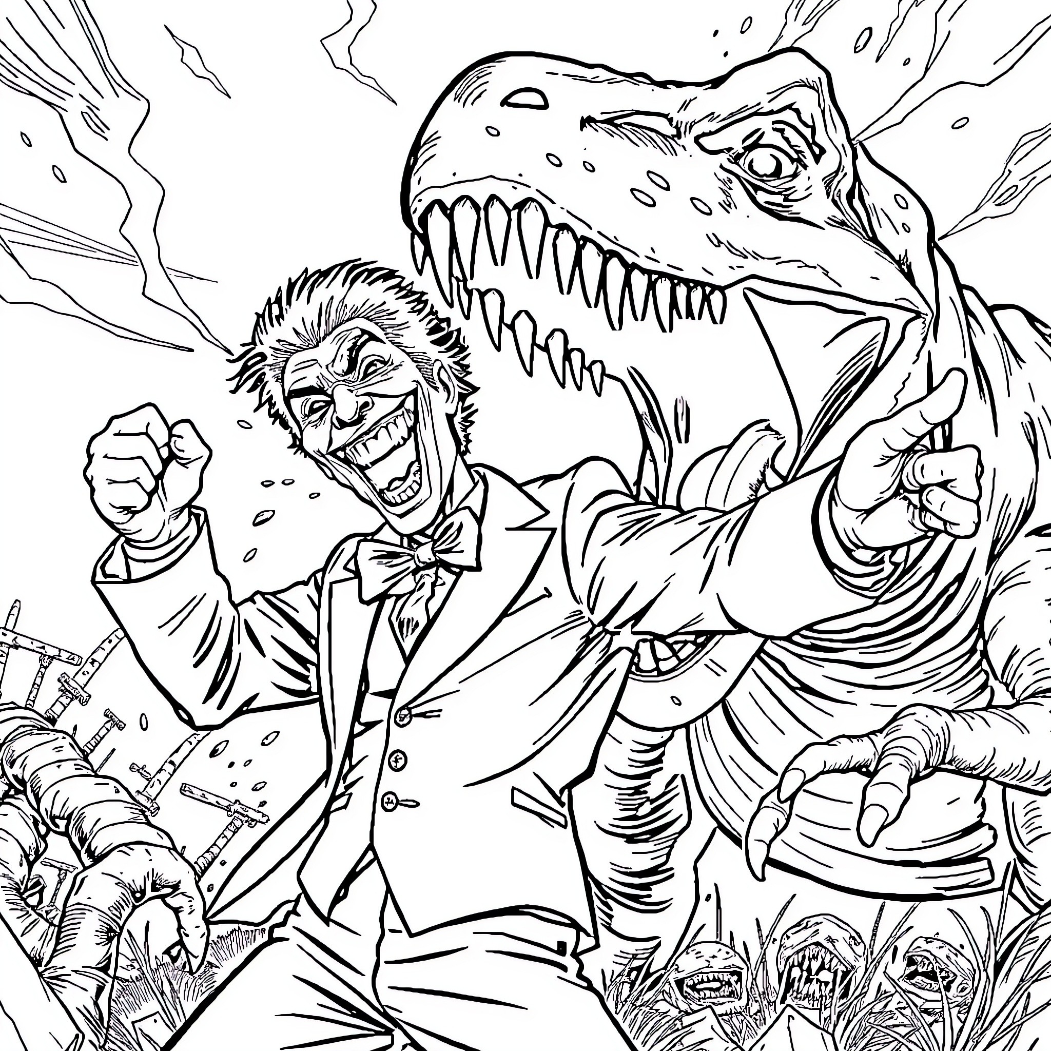 Joker Confronting Monstrous Creature in Chaotic Scene Coloring Page (free black-and-white line drawing printable PDF for all, from beginners to advanced learners, including children, teens, adults, and seniors)