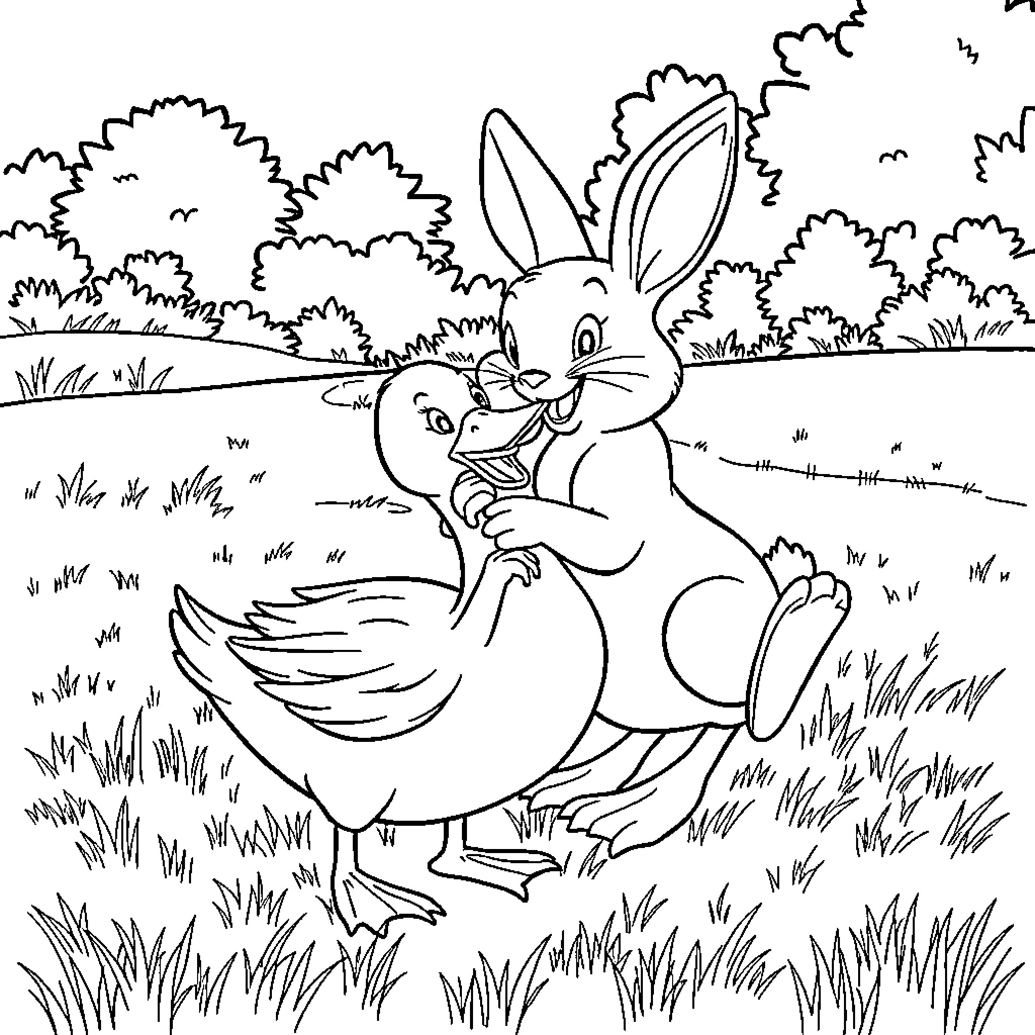 Duck rabbit in a field enjoying the outdoors Coloring Page (free black-and-white line drawing printable PDF for all, from beginners to advanced learners, including children, teens, adults, and seniors)