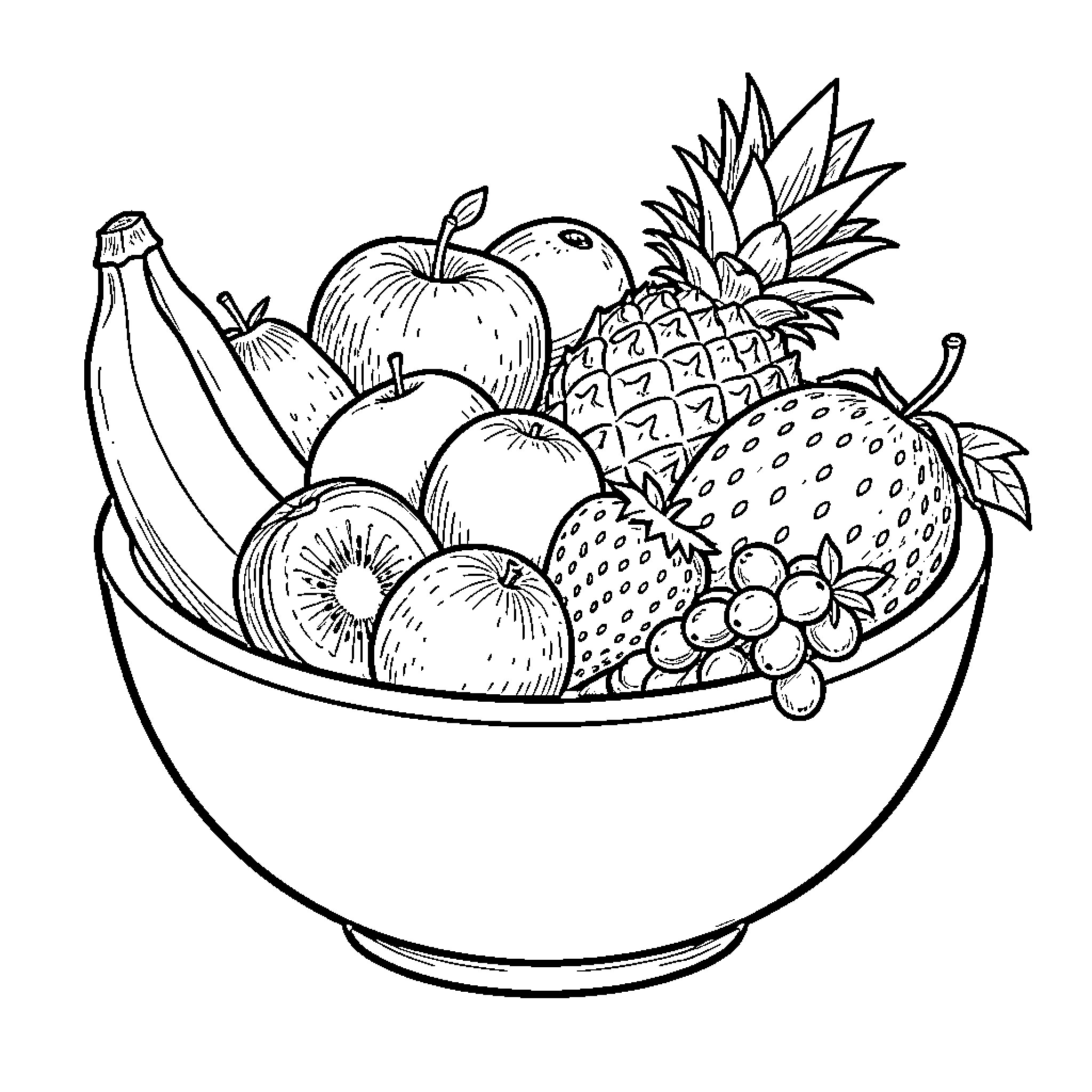 Fruit gathered together in a large bowl Coloring Page (free black-and-white line drawing printable PDF for all, from beginners to advanced learners, including children, teens, adults, and seniors)