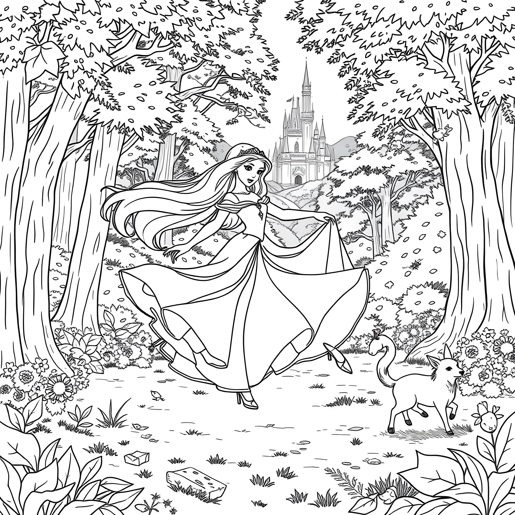 Aurora's Enchanting Forest Adventure Coloring Page (free black-and-white line drawing printable PDF for all, from beginners to advanced learners, including children, teens, adults, and seniors)