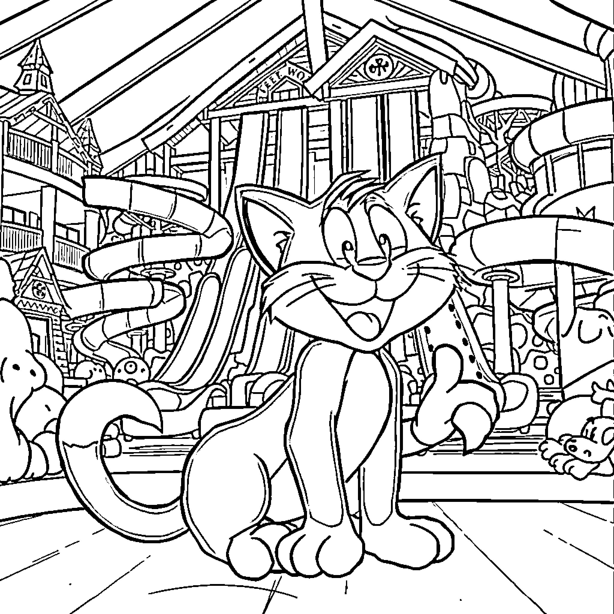 Felix's Whimsical Amusement Park Adventure Coloring Page (free black-and-white line drawing printable PDF for all, from beginners to advanced learners, including children, teens, adults, and seniors)