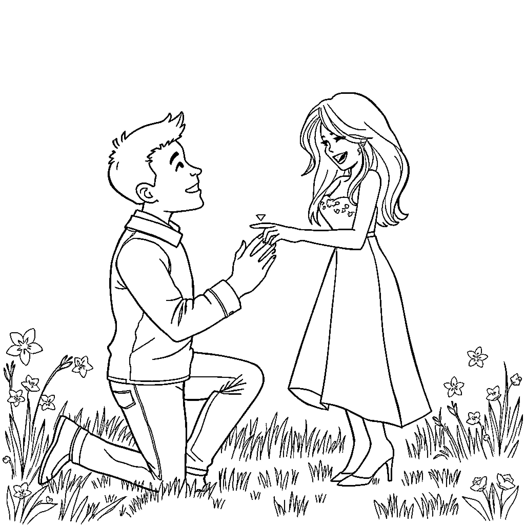 Guy proposes to woman in a floral field Coloring Page (free black-and-white line drawing printable PDF for all, from beginners to advanced learners, including children, teens, adults, and seniors)
