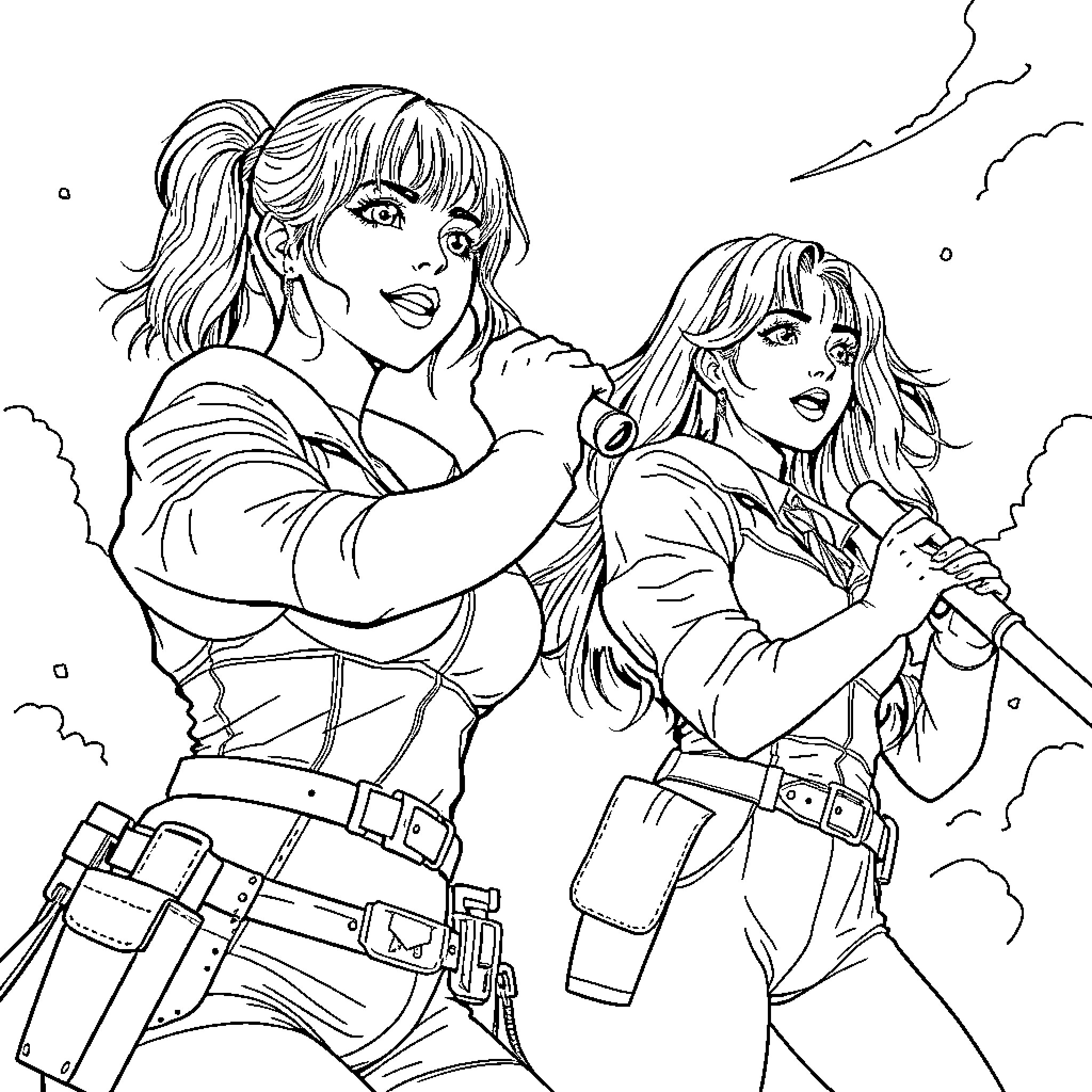 Kpop Idols Rocking the Stage with Fierce Expressions Coloring Page (free black-and-white line drawing printable PDF for all, from beginners to advanced learners, including children, teens, adults, and seniors)