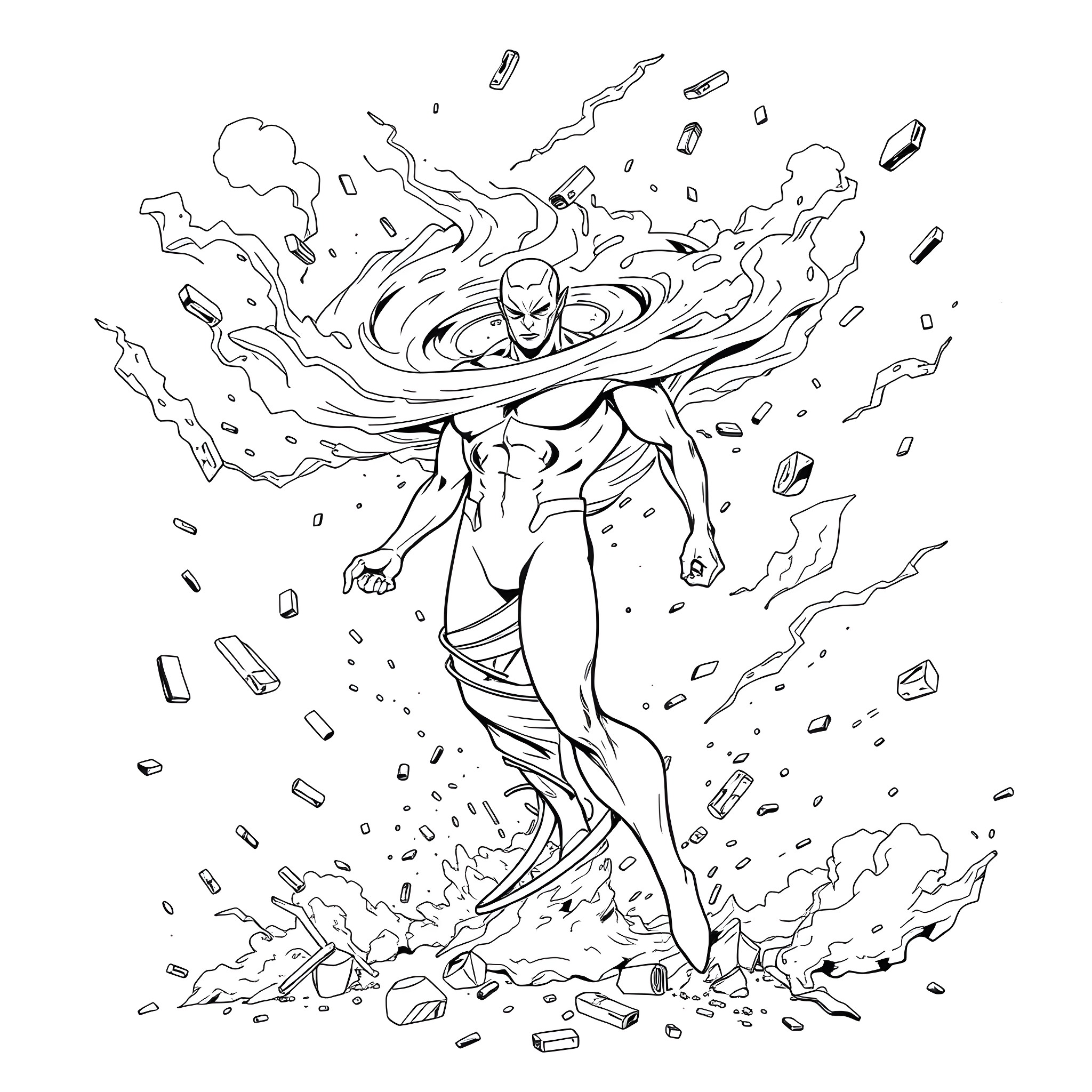 Red Tornado's Powerful Whirlwind Burst Coloring Page (free black-and-white line drawing printable PDF for all, from beginners to advanced learners, including children, teens, adults, and seniors)