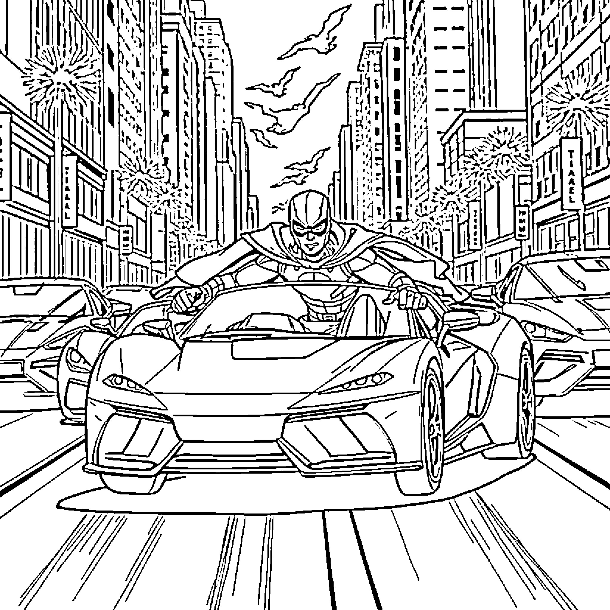 Superhero speeding through city in sports car Coloring Page (free black-and-white line drawing printable PDF for all, from beginners to advanced learners, including children, teens, adults, and seniors)