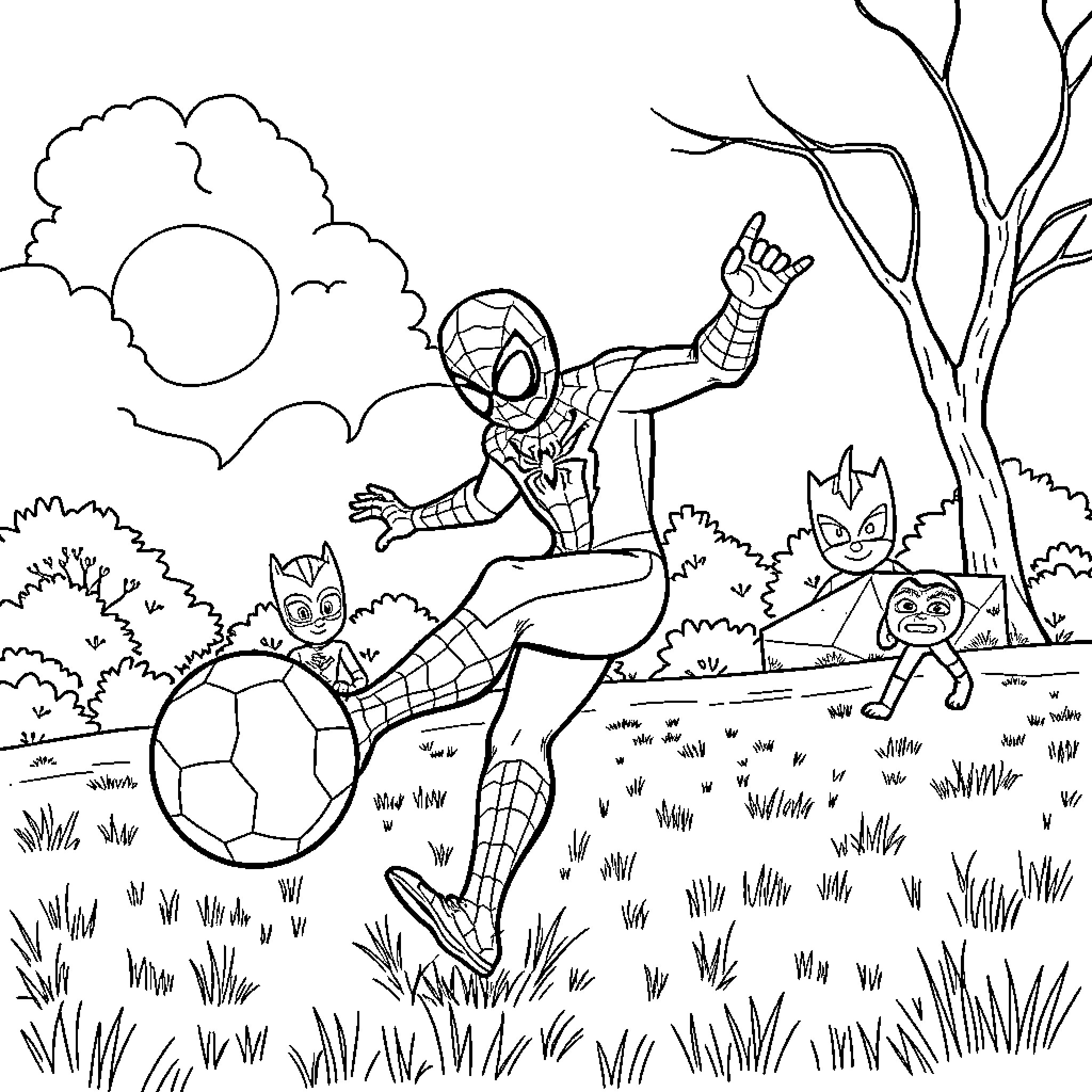 Spiderman playing soccer with cartoon characters in nature Coloring Page (free black-and-white line drawing printable PDF for all, from beginners to advanced learners, including children, teens, adults, and seniors)