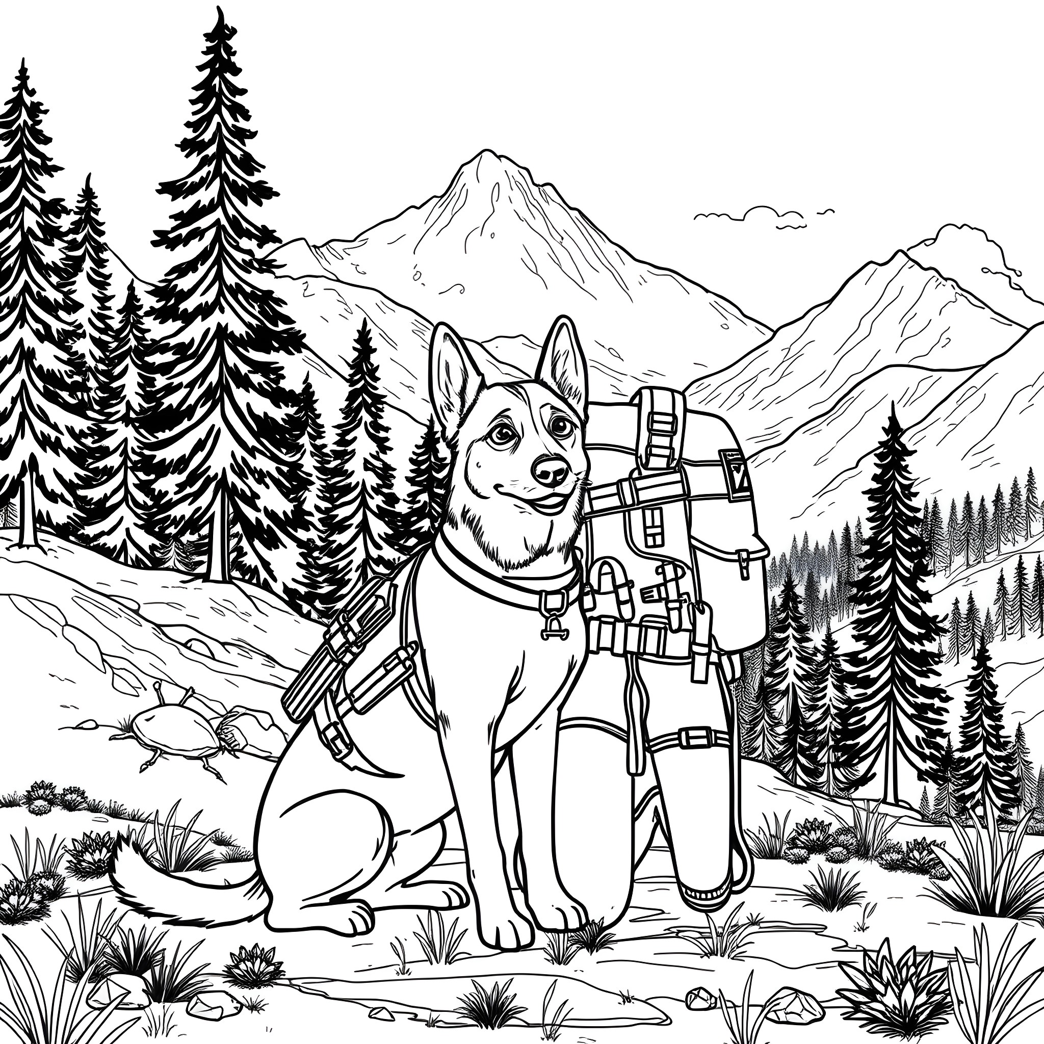 Girl exploring the mountains with her loyal dog companion Coloring Page (free black-and-white line drawing printable PDF for all, from beginners to advanced learners, including children, teens, adults, and seniors)