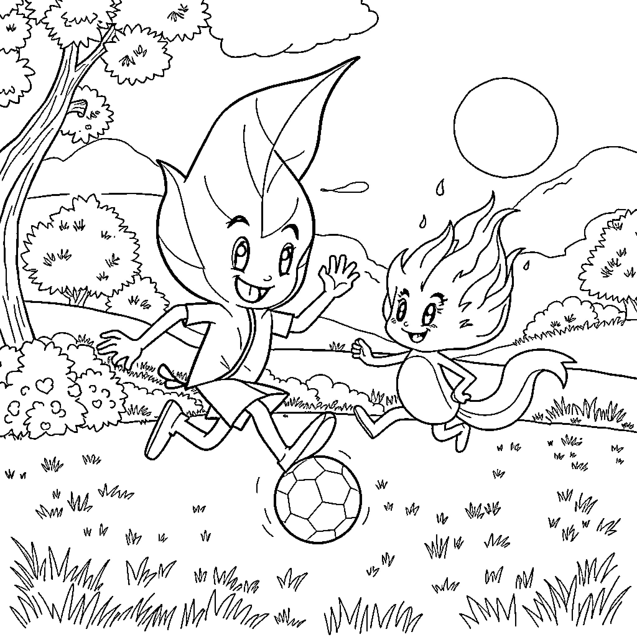 Leafy creatures playing joyfully in nature Coloring Page (free black-and-white line drawing printable PDF for all, from beginners to advanced learners, including children, teens, adults, and seniors)