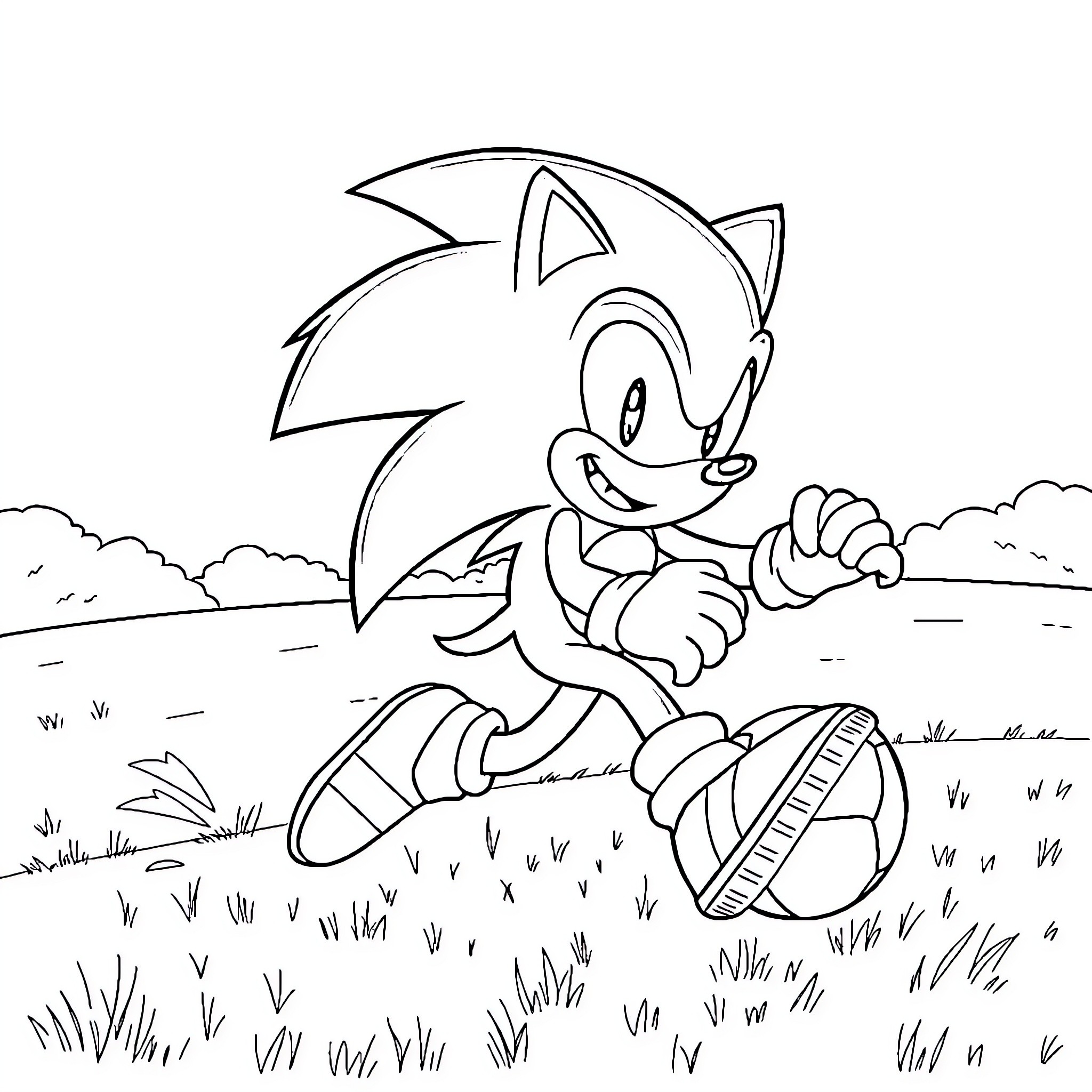 Sonic running joyfully through a grassy field Coloring Page (free black-and-white line drawing printable PDF for all, from beginners to advanced learners, including children, teens, adults, and seniors)