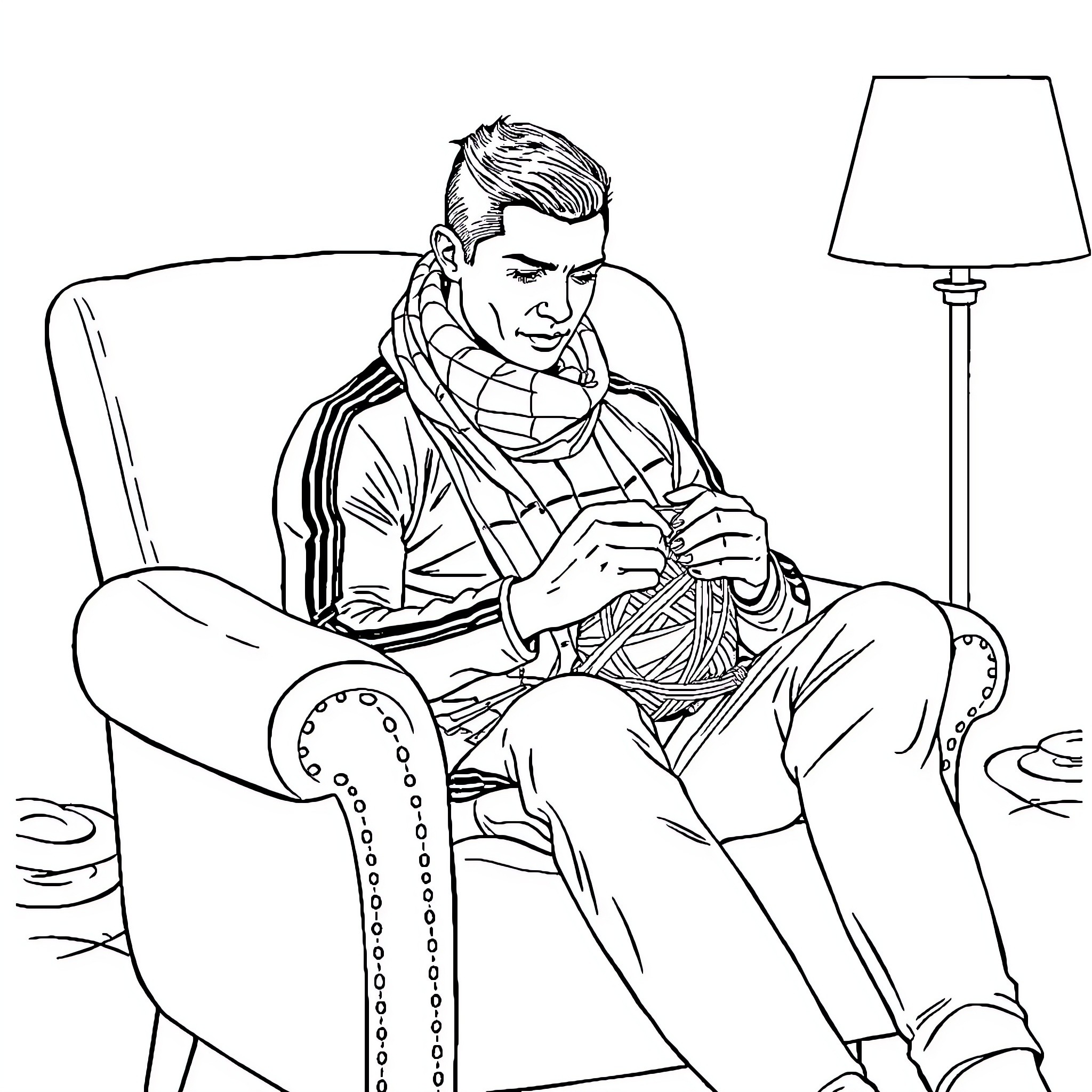 Cristiano Ronaldo relaxing and enjoying knitting Coloring Page (free black-and-white line drawing printable PDF for all, from beginners to advanced learners, including children, teens, adults, and seniors)