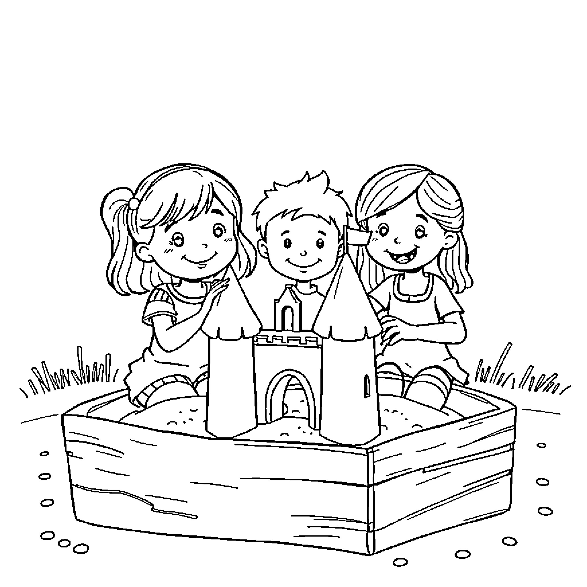 Girl friends playing together in the sandbox Coloring Page (free black-and-white line drawing printable PDF for all, from beginners to advanced learners, including children, teens, adults, and seniors)