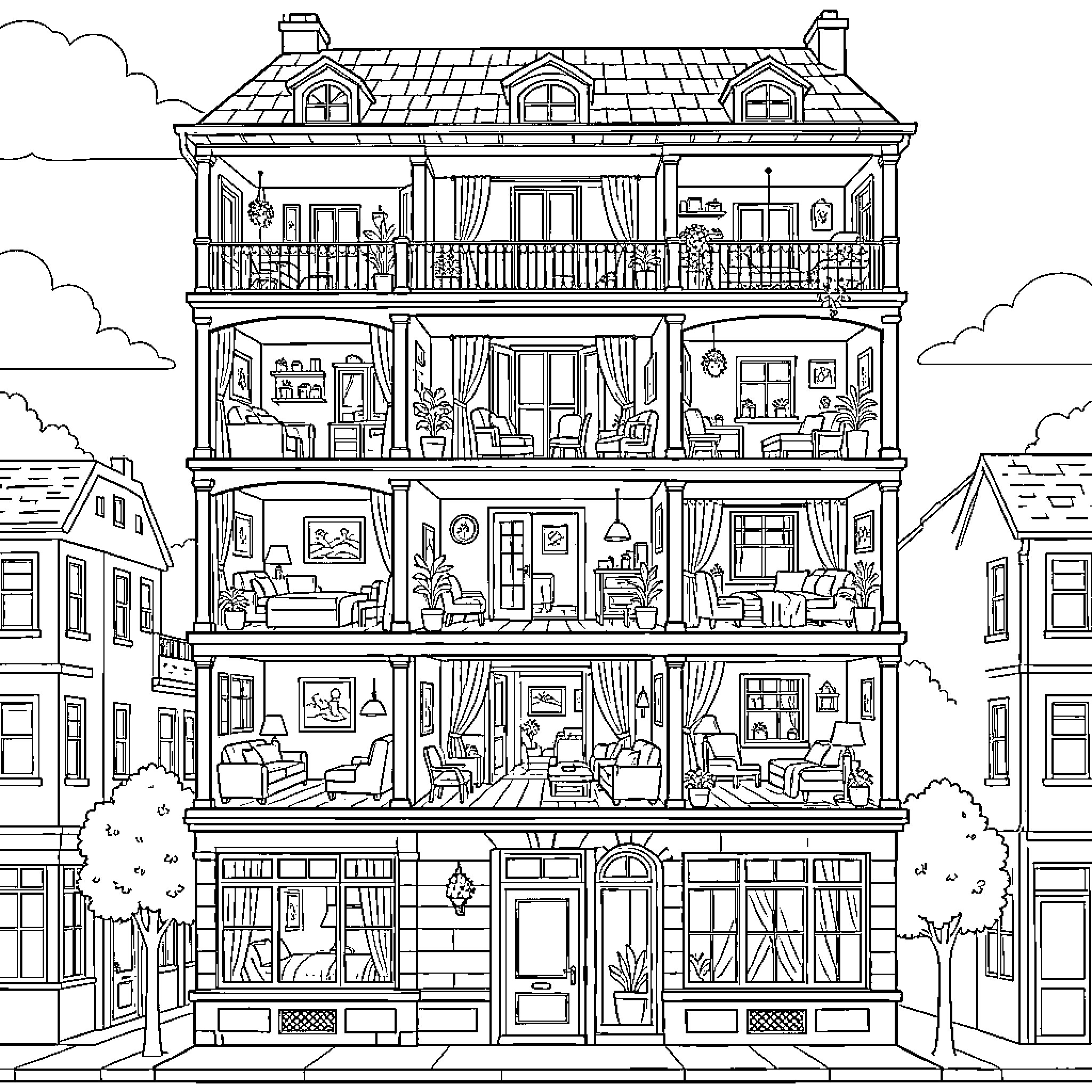 Building with detailed interior scenes and people Coloring Page (free black-and-white line drawing printable PDF for all, from beginners to advanced learners, including children, teens, adults, and seniors)