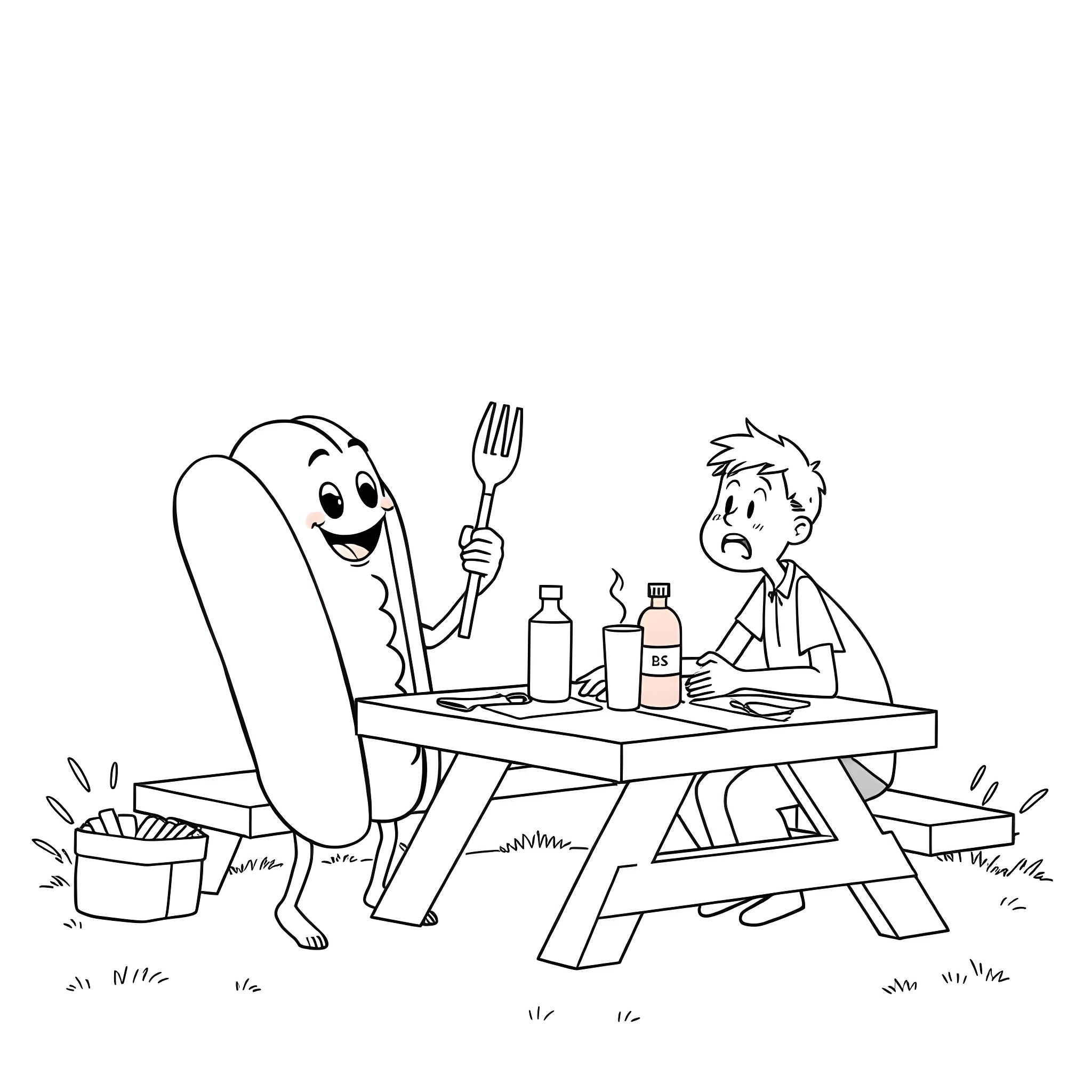 Hotdog entertaining a distressed human at picnic table Coloring Page (free black-and-white line drawing printable PDF for all, from beginners to advanced learners, including children, teens, adults, and seniors)
