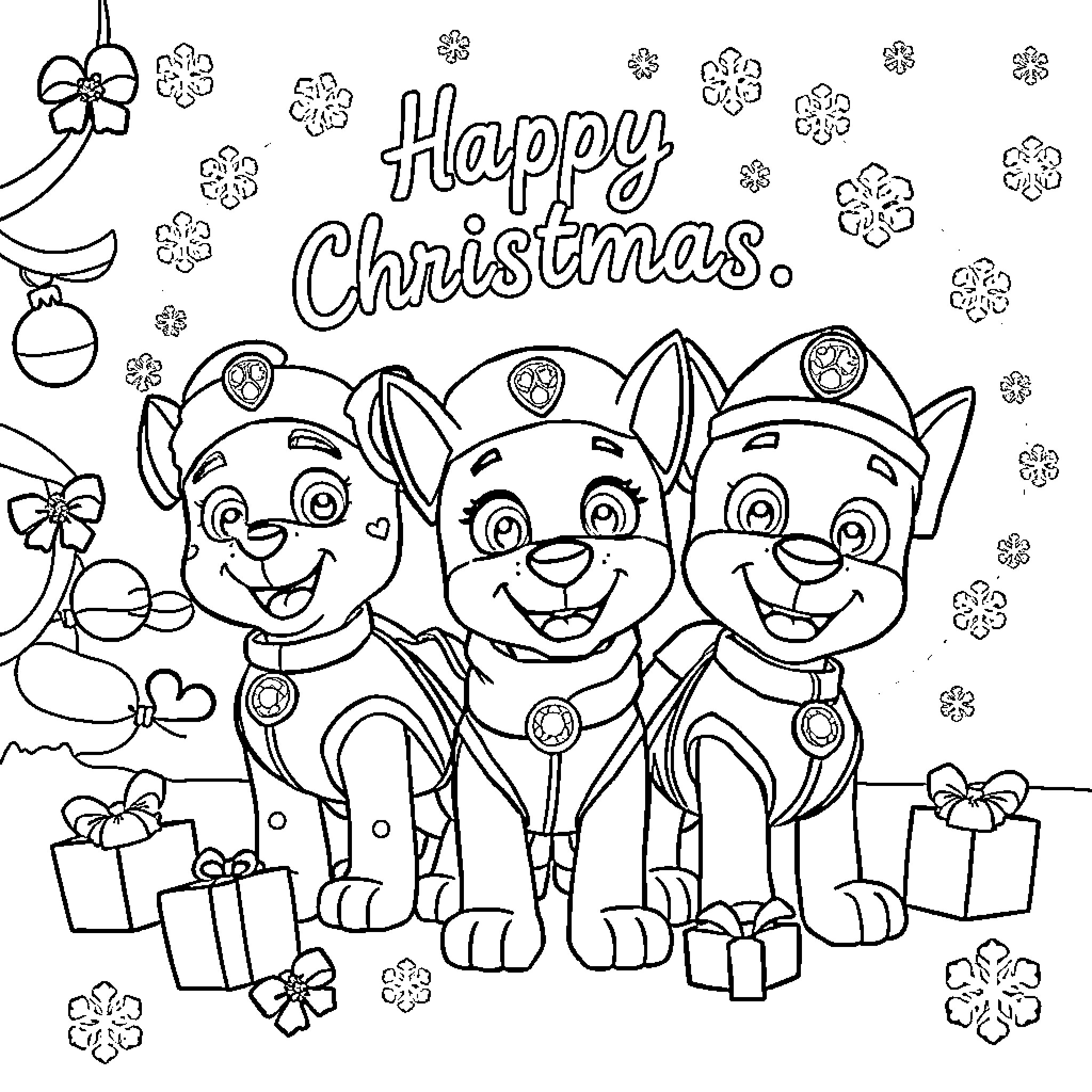 Paw Patrol Celebrating Happy Christmas Coloring Page (free black-and-white line drawing printable PDF for all, from beginners to advanced learners, including children, teens, adults, and seniors)