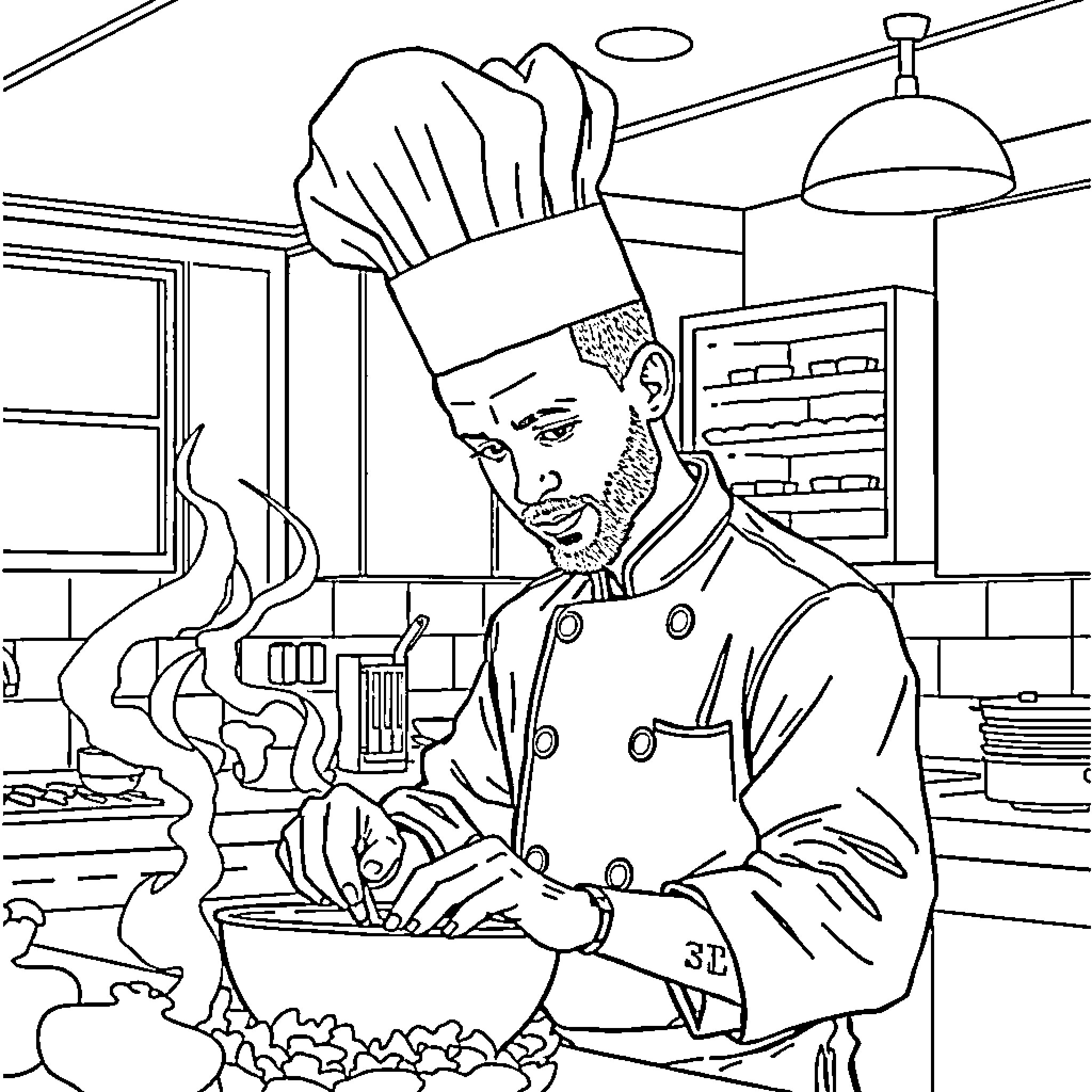 Stephen Curry cooking in a professional kitchen Coloring Page (free black-and-white line drawing printable PDF for all, from beginners to advanced learners, including children, teens, adults, and seniors)
