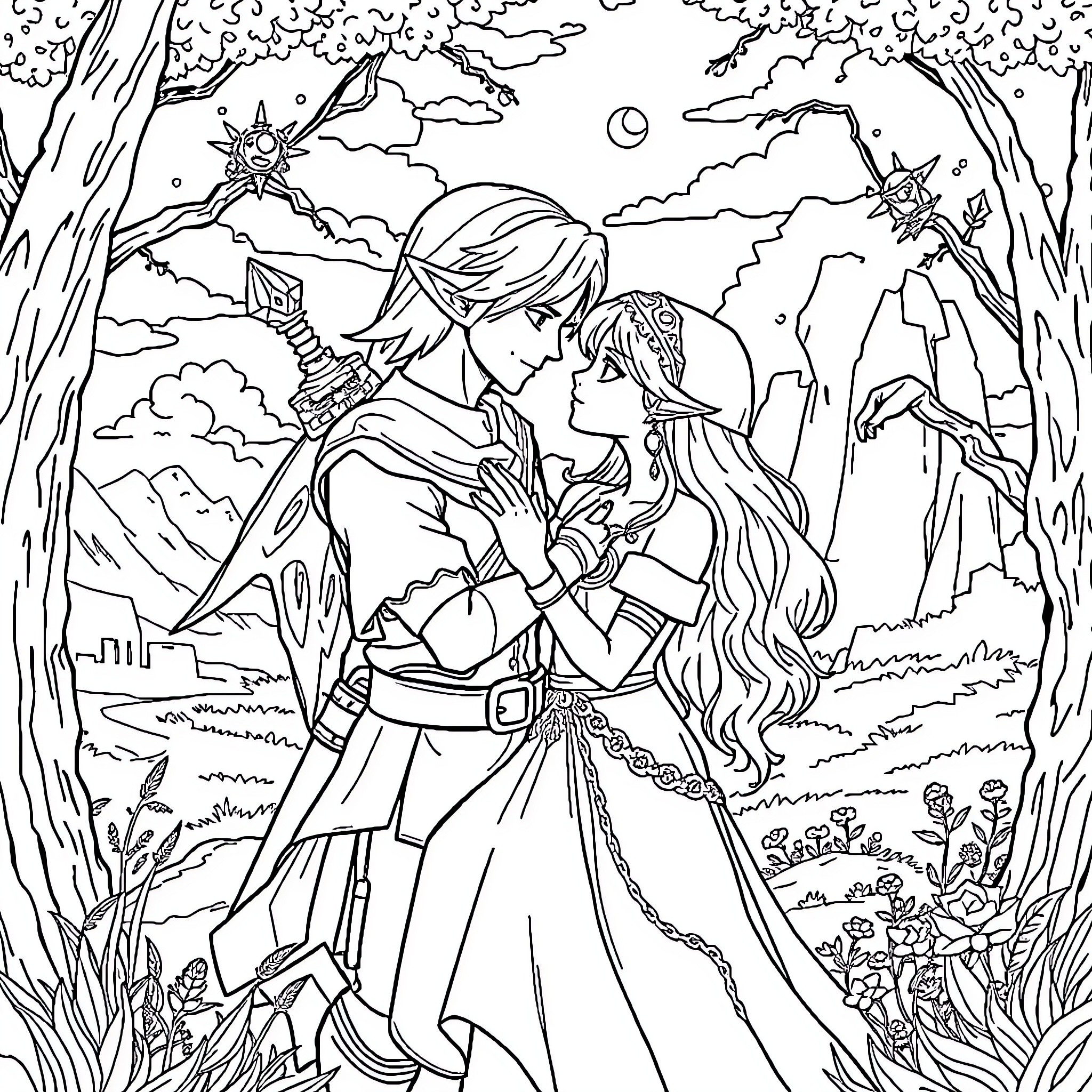 Link and Princess Embracing in Enchanted Forest Coloring Page (free black-and-white line drawing printable PDF for all, from beginners to advanced learners, including children, teens, adults, and seniors)