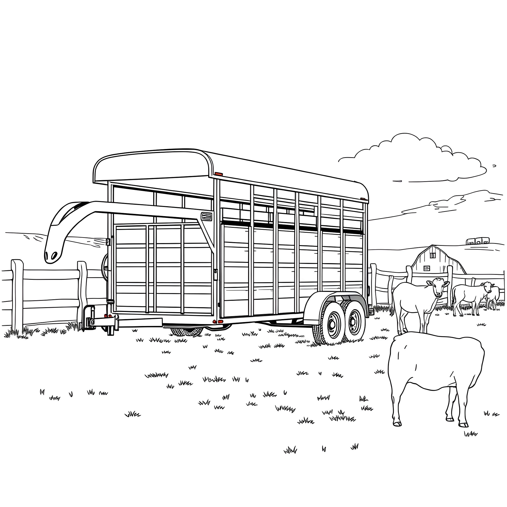 Gooseneck Trailer Transporting Livestock in Rural Landscape Coloring Page (free black-and-white line drawing printable PDF for all, from beginners to advanced learners, including children, teens, adults, and seniors)