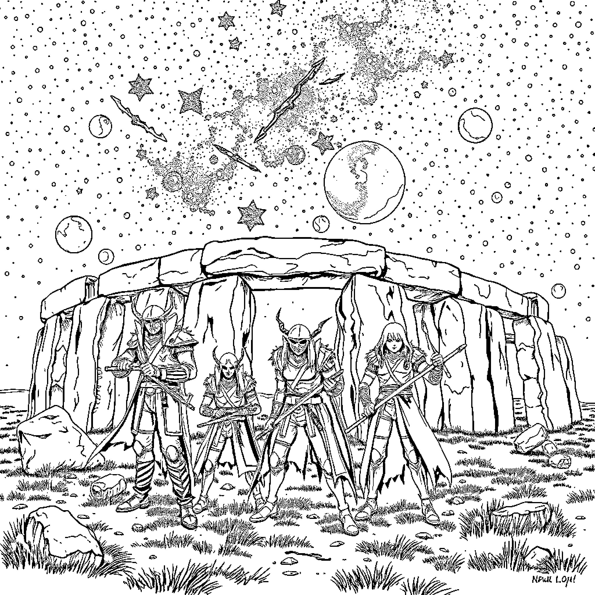 Demon Hunters stand guard at ancient ruins under starry sky Coloring Page (free black-and-white line drawing printable PDF for all, from beginners to advanced learners, including children, teens, adults, and seniors)