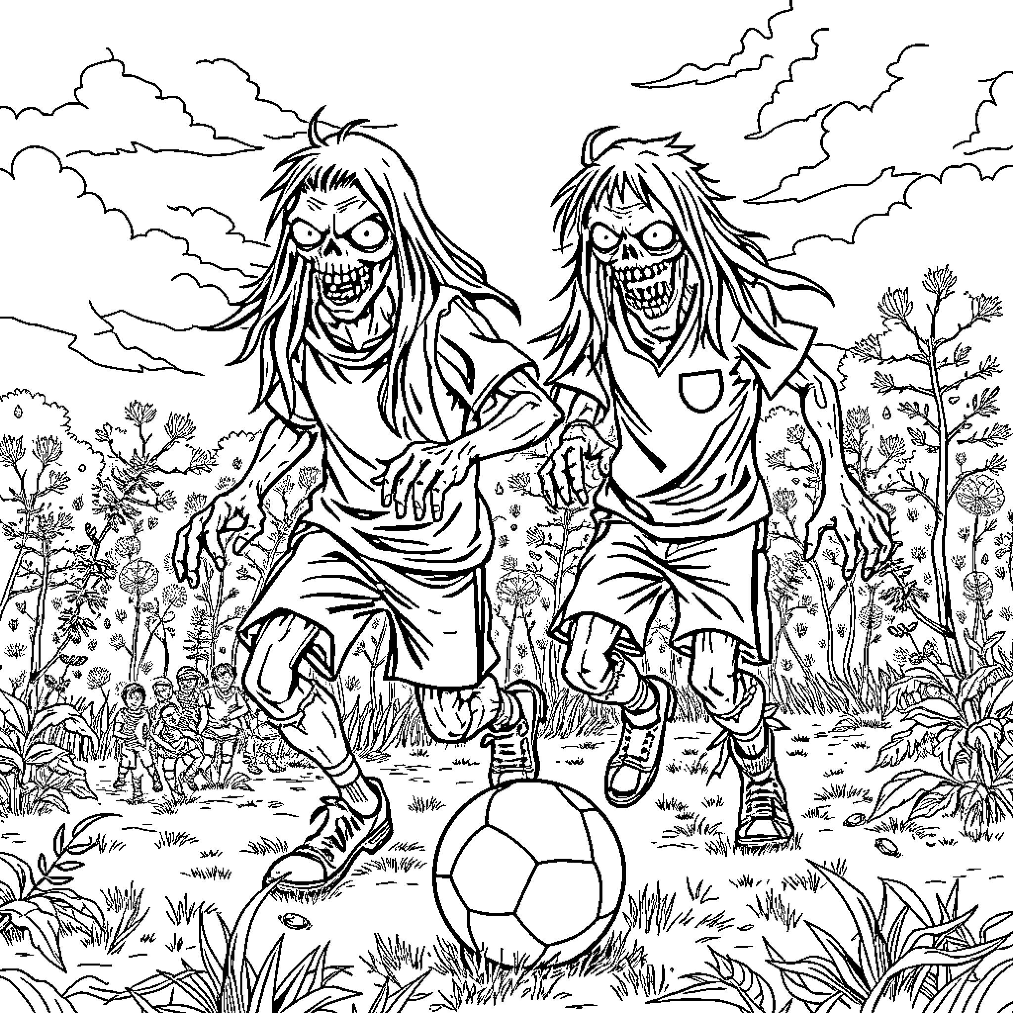 Zombie soccer players in the eerie landscape Coloring Page (free black-and-white line drawing printable PDF for all, from beginners to advanced learners, including children, teens, adults, and seniors)