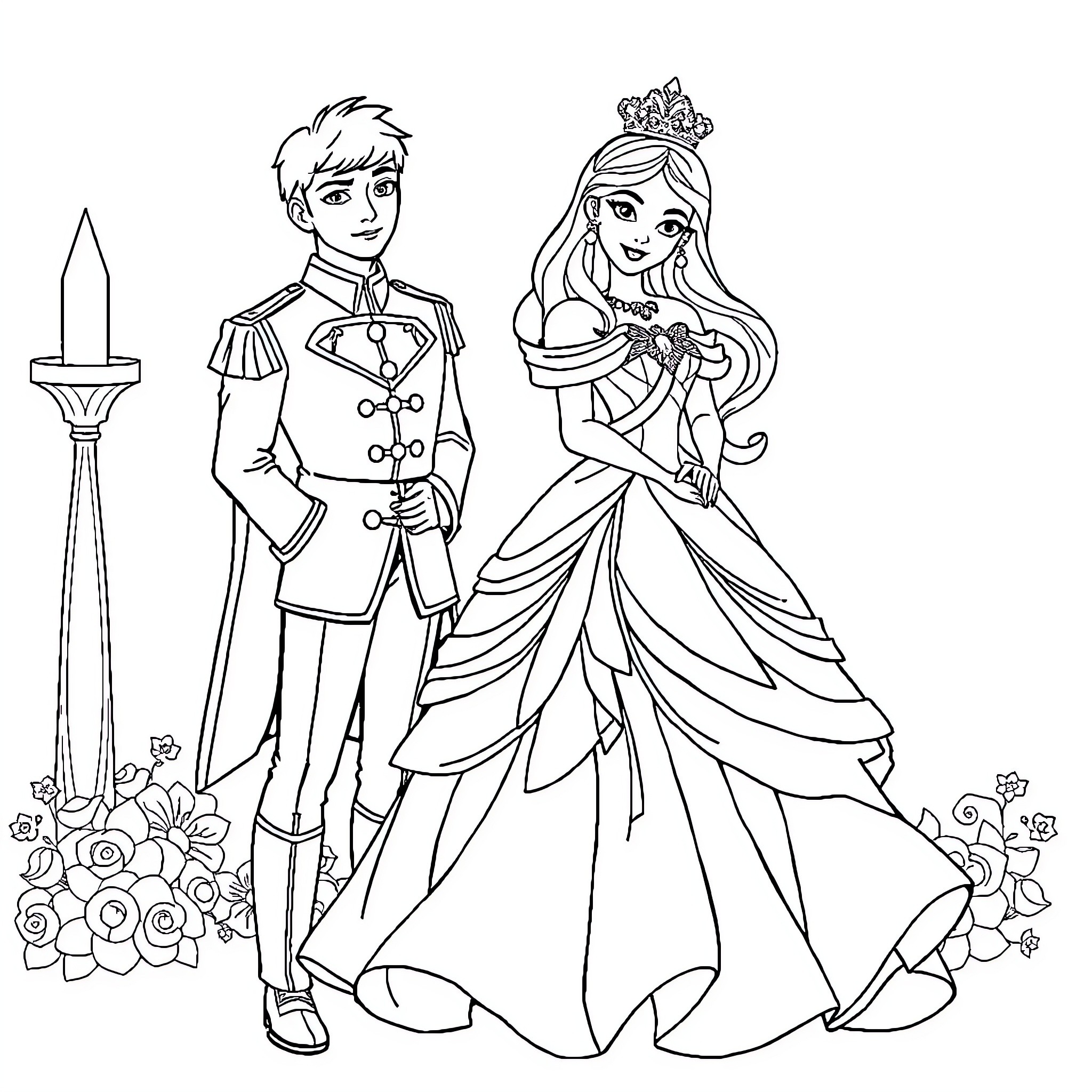 Princess and Prince in Formal Attire Coloring Page (free black-and-white line drawing printable PDF for all, from beginners to advanced learners, including children, teens, adults, and seniors)