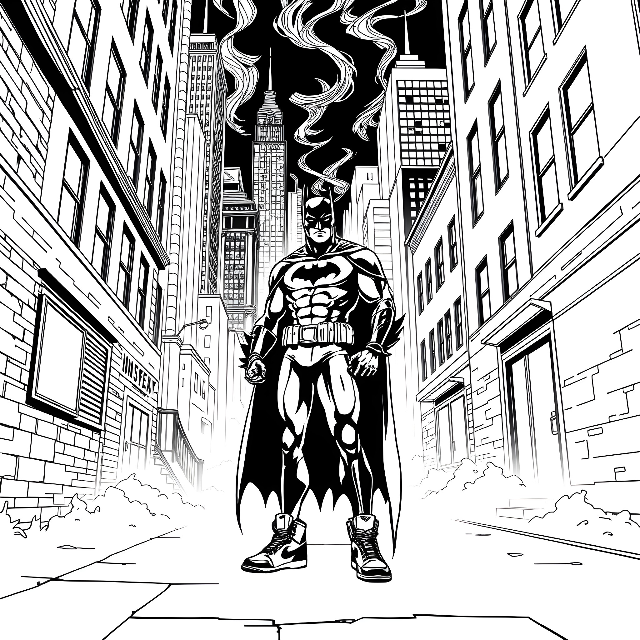 Batman's Heroic Stance in the City Coloring Page (free black-and-white line drawing printable PDF for all, from beginners to advanced learners, including children, teens, adults, and seniors)