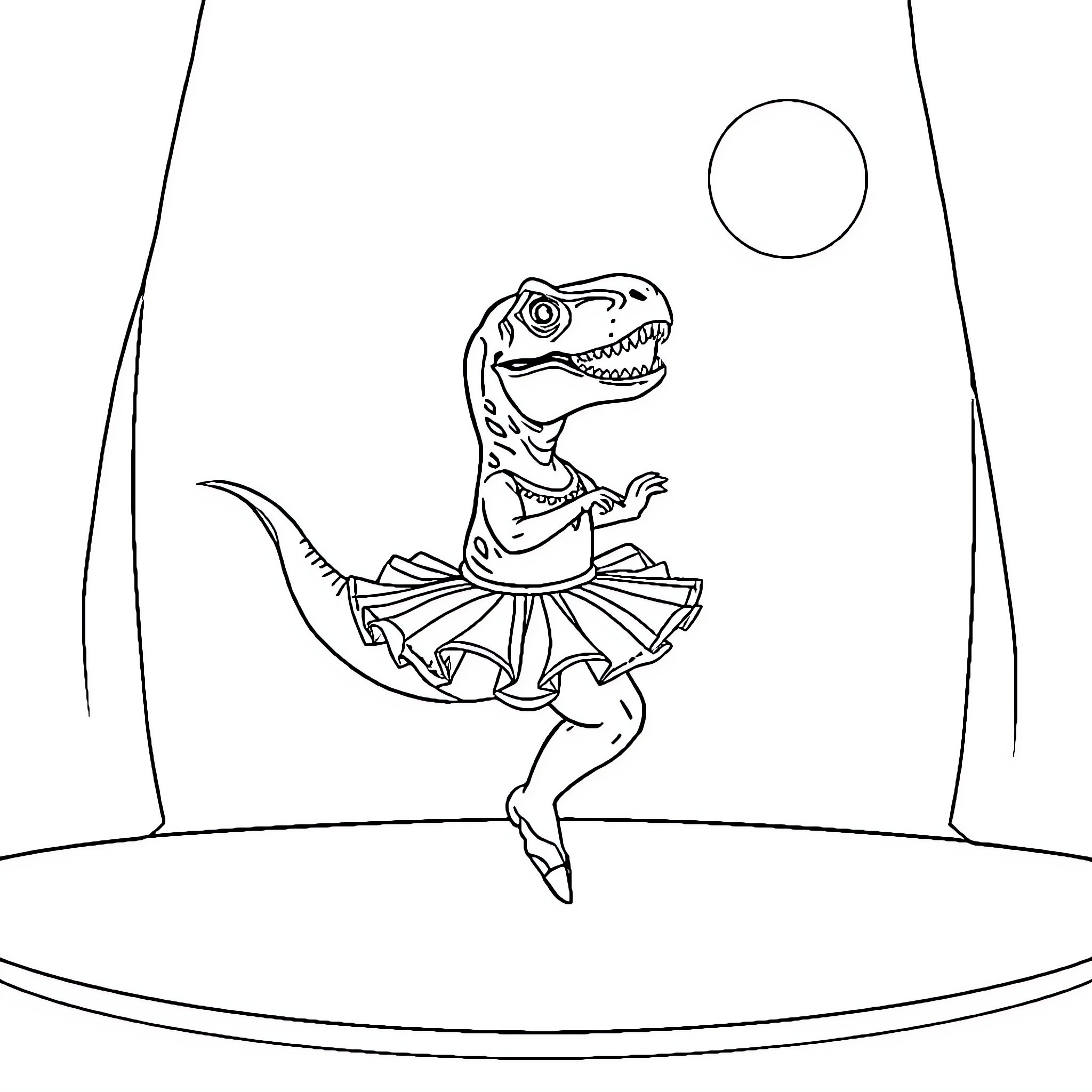 T-Rex Ballerina Dancing on Stage Coloring Page (free black-and-white line drawing printable PDF for all, from beginners to advanced learners, including children, teens, adults, and seniors)