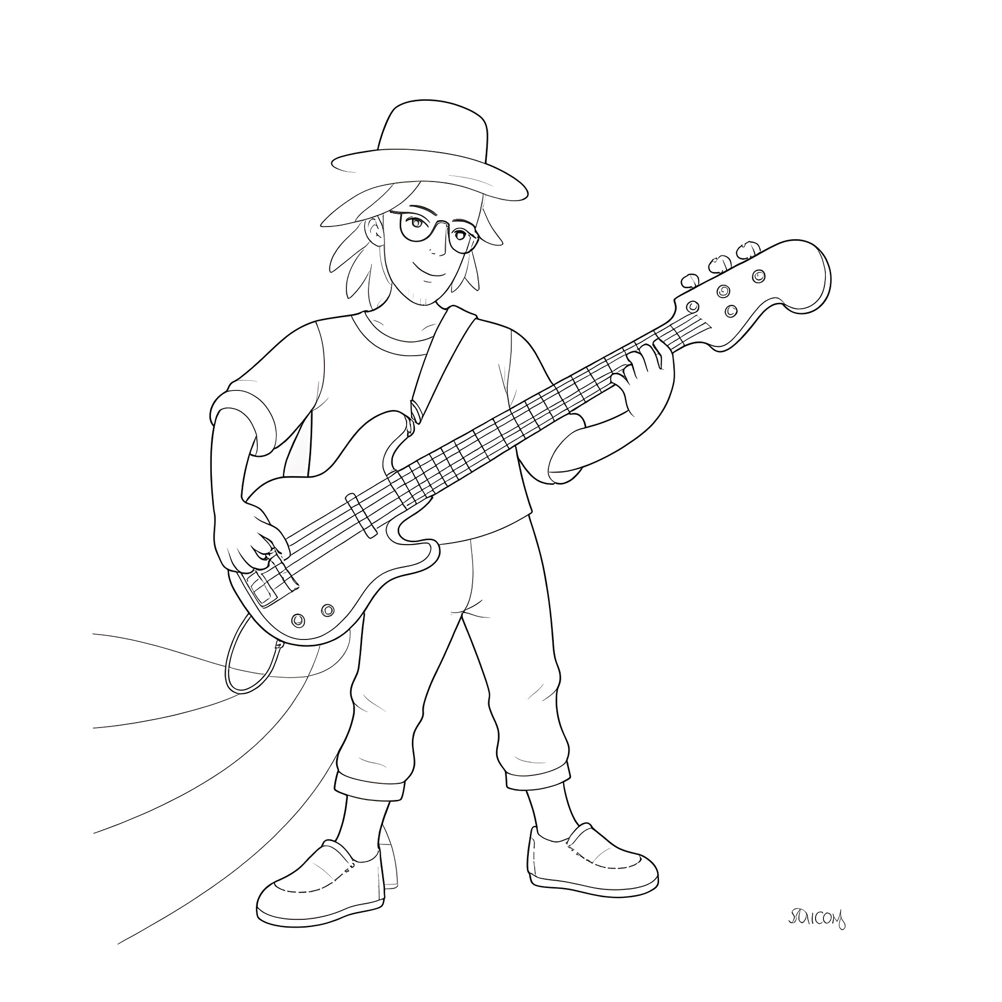 Guy playing electric guitar on stage Coloring Page (free black-and-white line drawing printable PDF for all, from beginners to advanced learners, including children, teens, adults, and seniors)