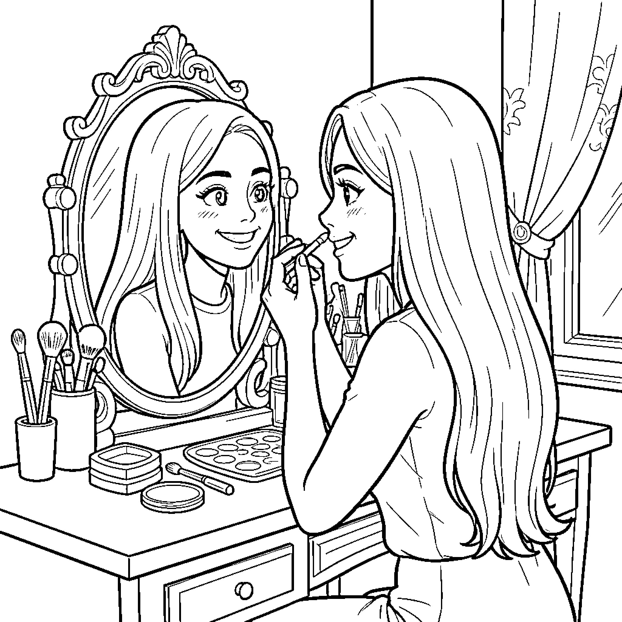 Chica Applying Makeup Happily at Mirror Coloring Page (free black-and-white line drawing printable PDF for all, from beginners to advanced learners, including children, teens, adults, and seniors)