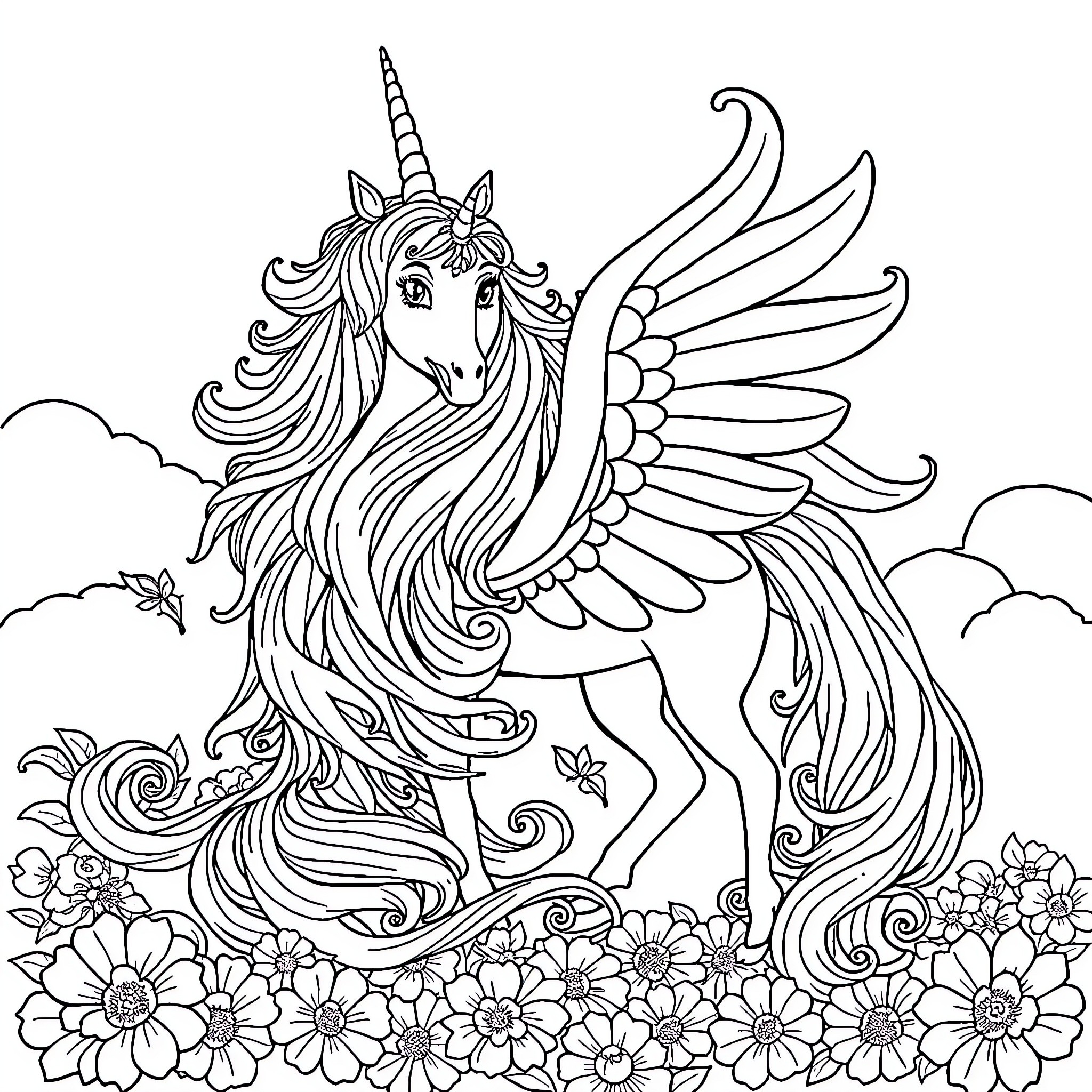 Unicorn with Flowing Mane in Floral Meadow Coloring Page (free black-and-white line drawing printable PDF for all, from beginners to advanced learners, including children, teens, adults, and seniors)