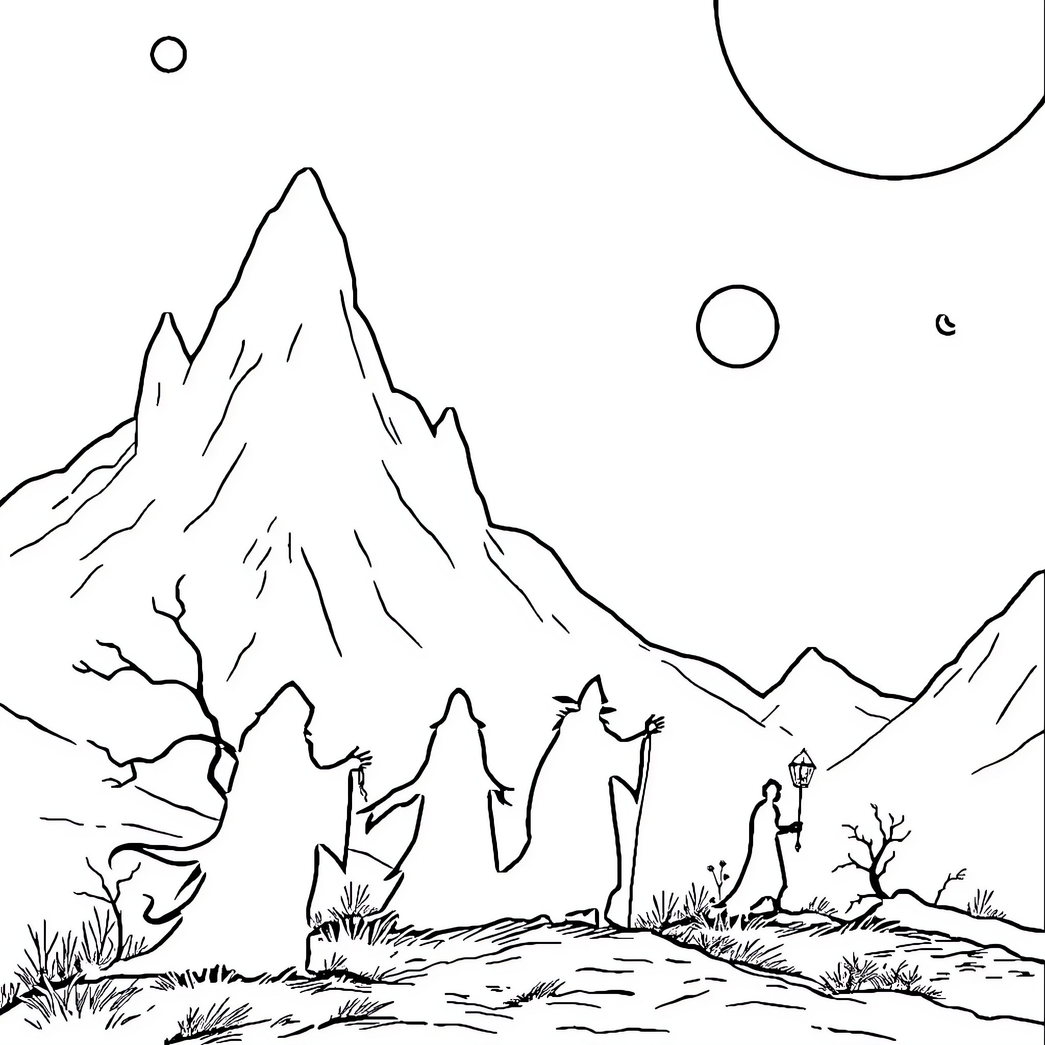 Shadow figures in a mountainous landscape Coloring Page (free black-and-white line drawing printable PDF for all, from beginners to advanced learners, including children, teens, adults, and seniors)