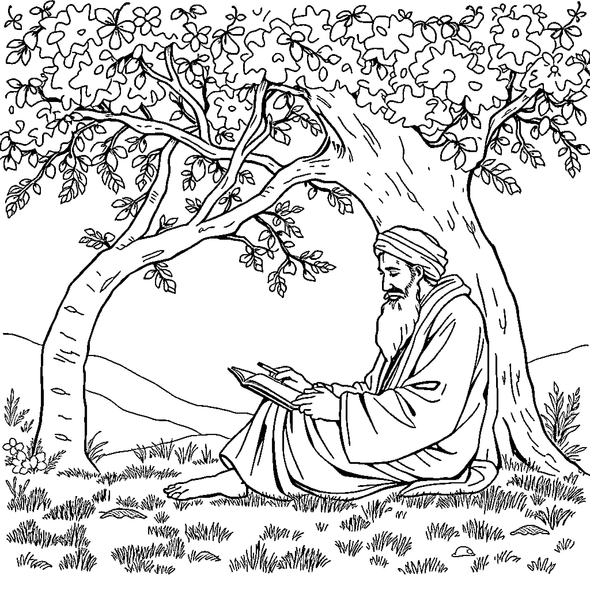 Rumi meditating under the blossoming tree Coloring Page (free black-and-white line drawing printable PDF for all, from beginners to advanced learners, including children, teens, adults, and seniors)